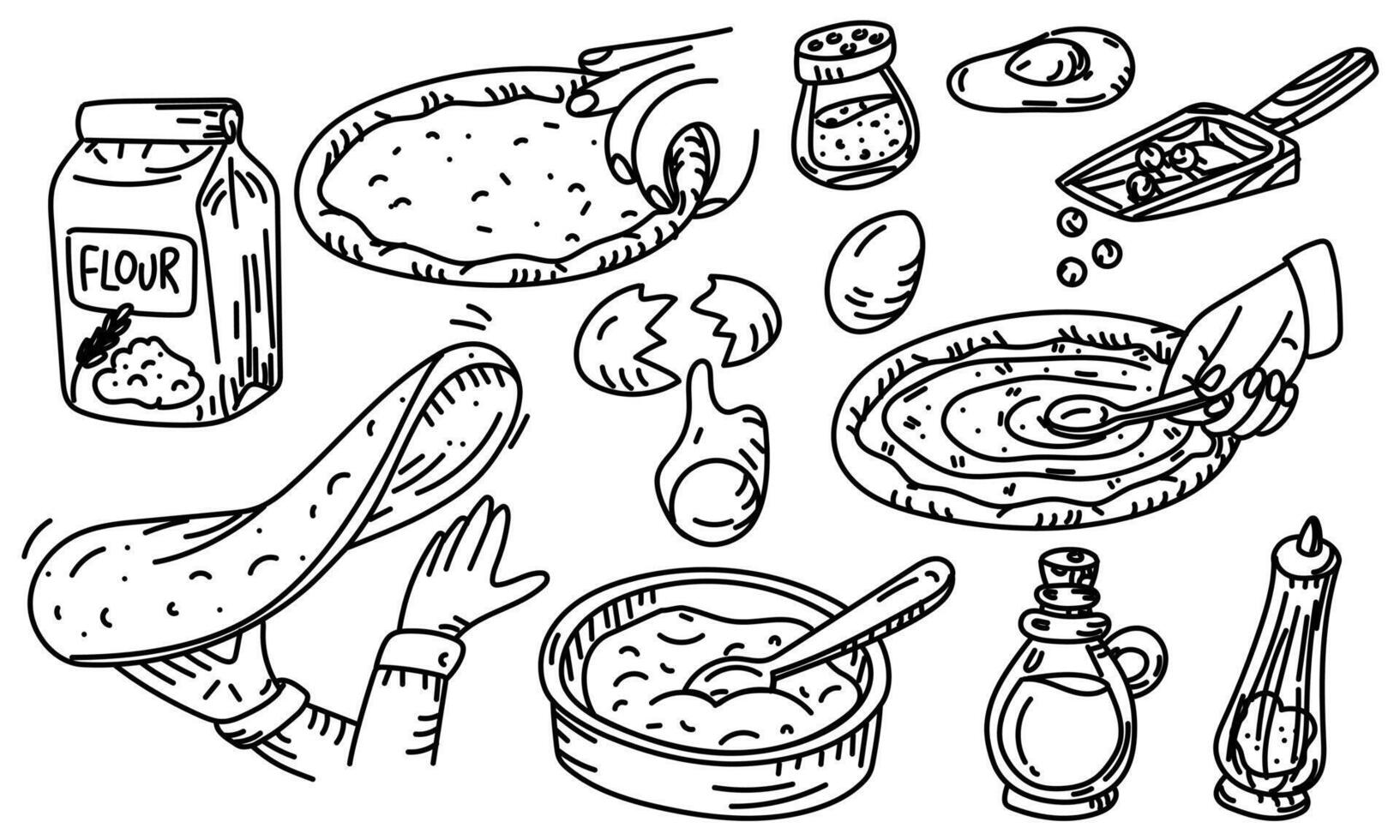 set of steps for making pizza in Doodle style. Kneading dough, stretching dough in your hands, forming sides, greasing dough, adding ingredients. engraving, line, monochrome doodle. Hand-drawn retro vector