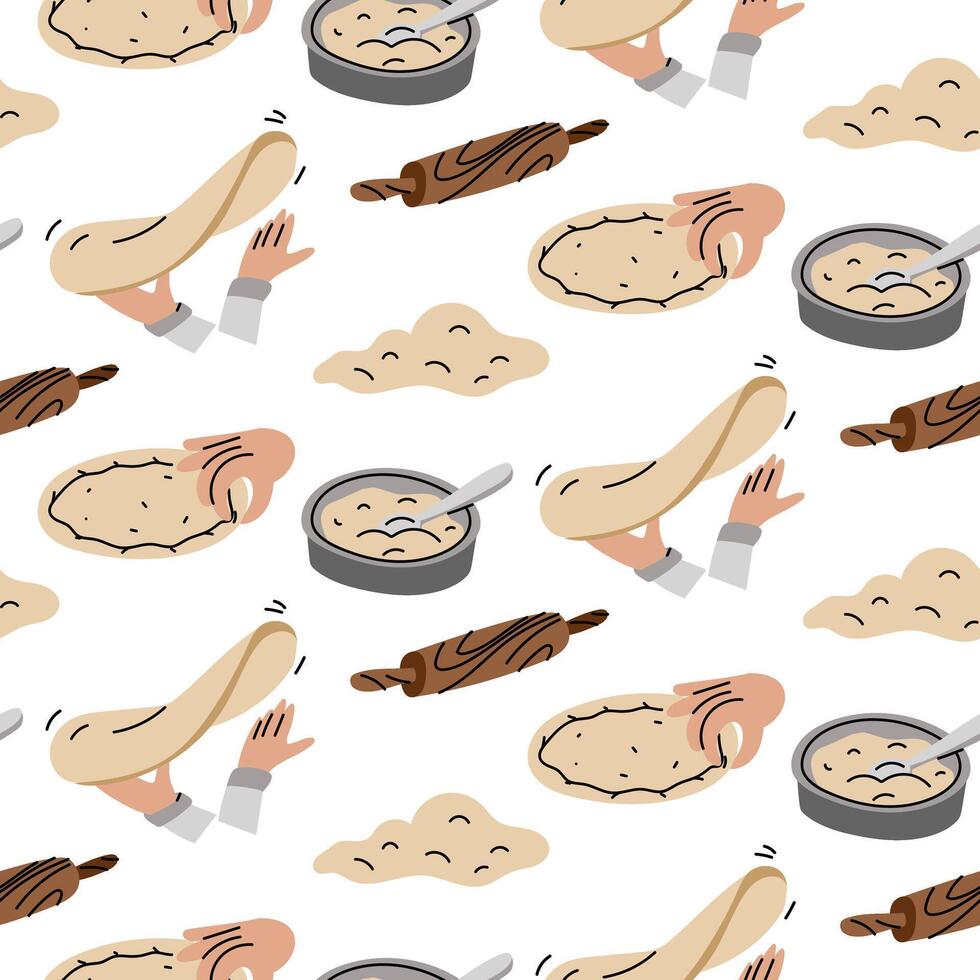 set for making pizza dough. chef's hands roll out dough with rolling pin, shape the edges, stretch it in air. flat color illustration with doodle lines in a seamless texture. process of making pizza. vector