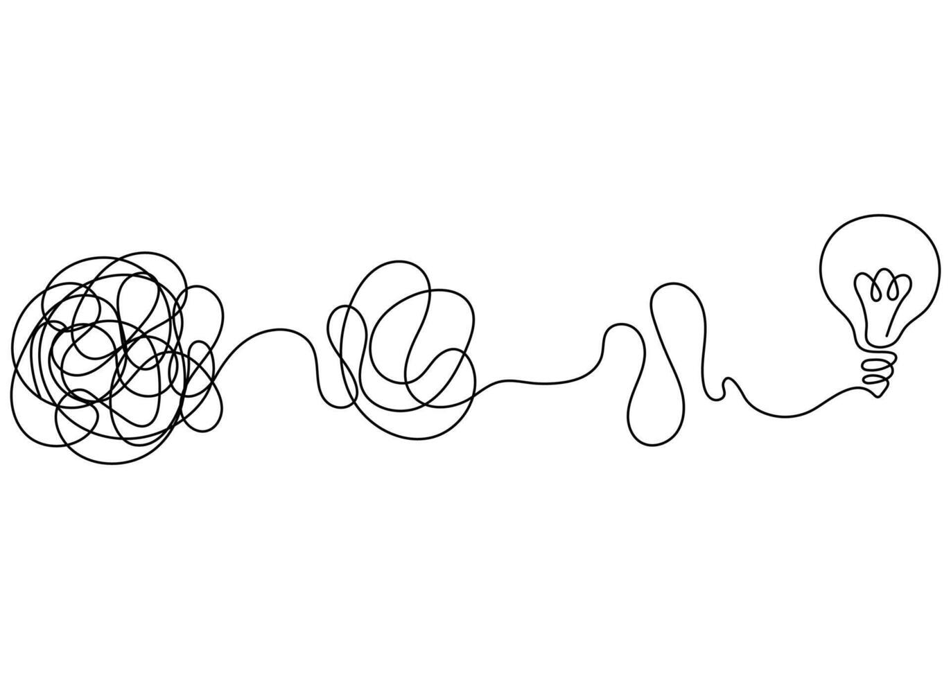 One continuous line drawing from chaos to lightbulb. Concept of problem-solving and business solutions in minimal linear style. Editable stroke doodle illustration. vector