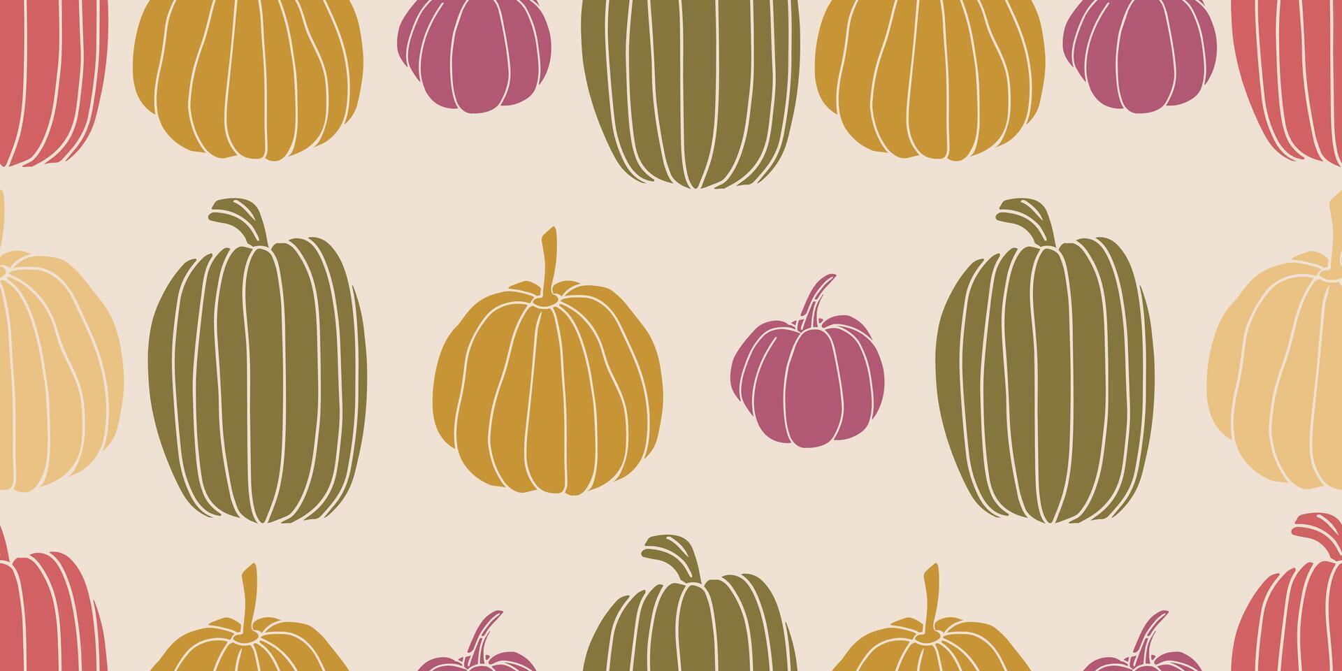 Decorative pumpkin silhouette pattern arranged in a horizontal row. Flat autumn design with gourds of various sizes and shapes on light background. vector