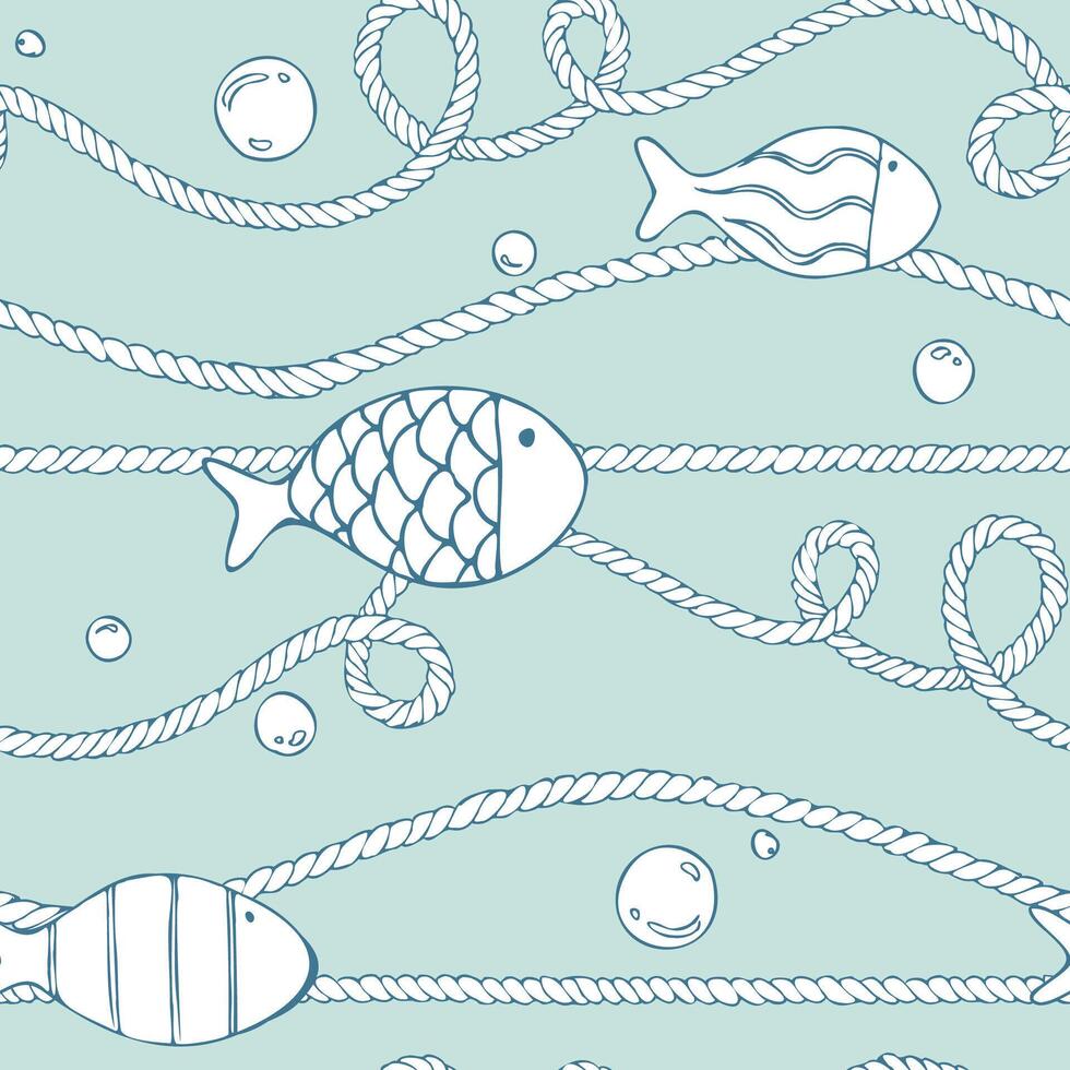Nets with floats, sea twisted ropes and small fishes on a background of soft green sea tone, airy and nautical. Hand drawn linear illustration with ink. Seamless pattern vector