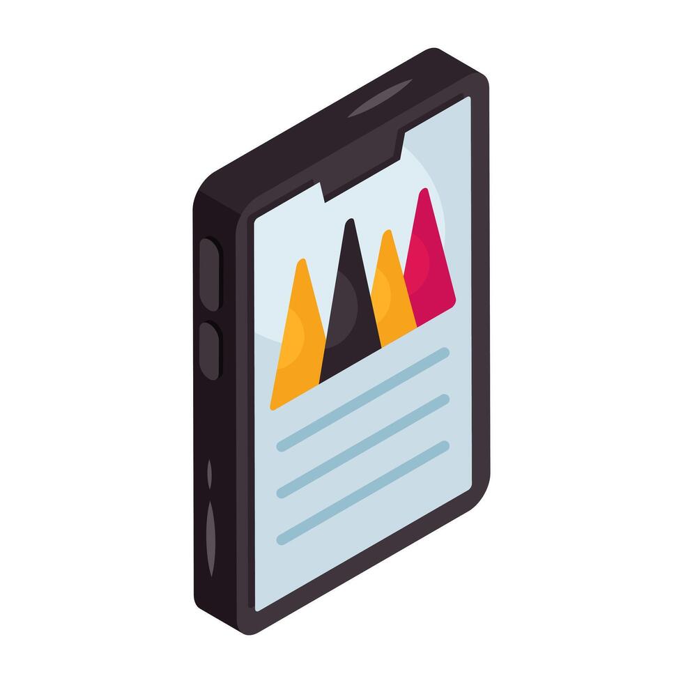 Pie chart inside smartphone, isometric design of mobile business data vector