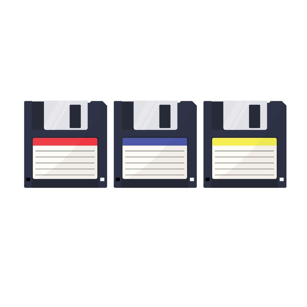 Three floppy disks with different colors and sizes vector