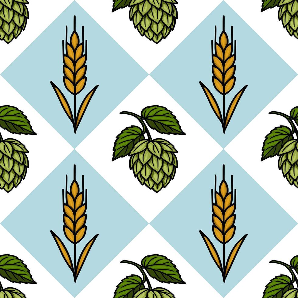 Seamless pattern featuring handdrawn illustrations of wheat and hops, arranged on a light blue diamondshaped grid against a white background, ideal for brewery branding or Oktoberfest desi... vector