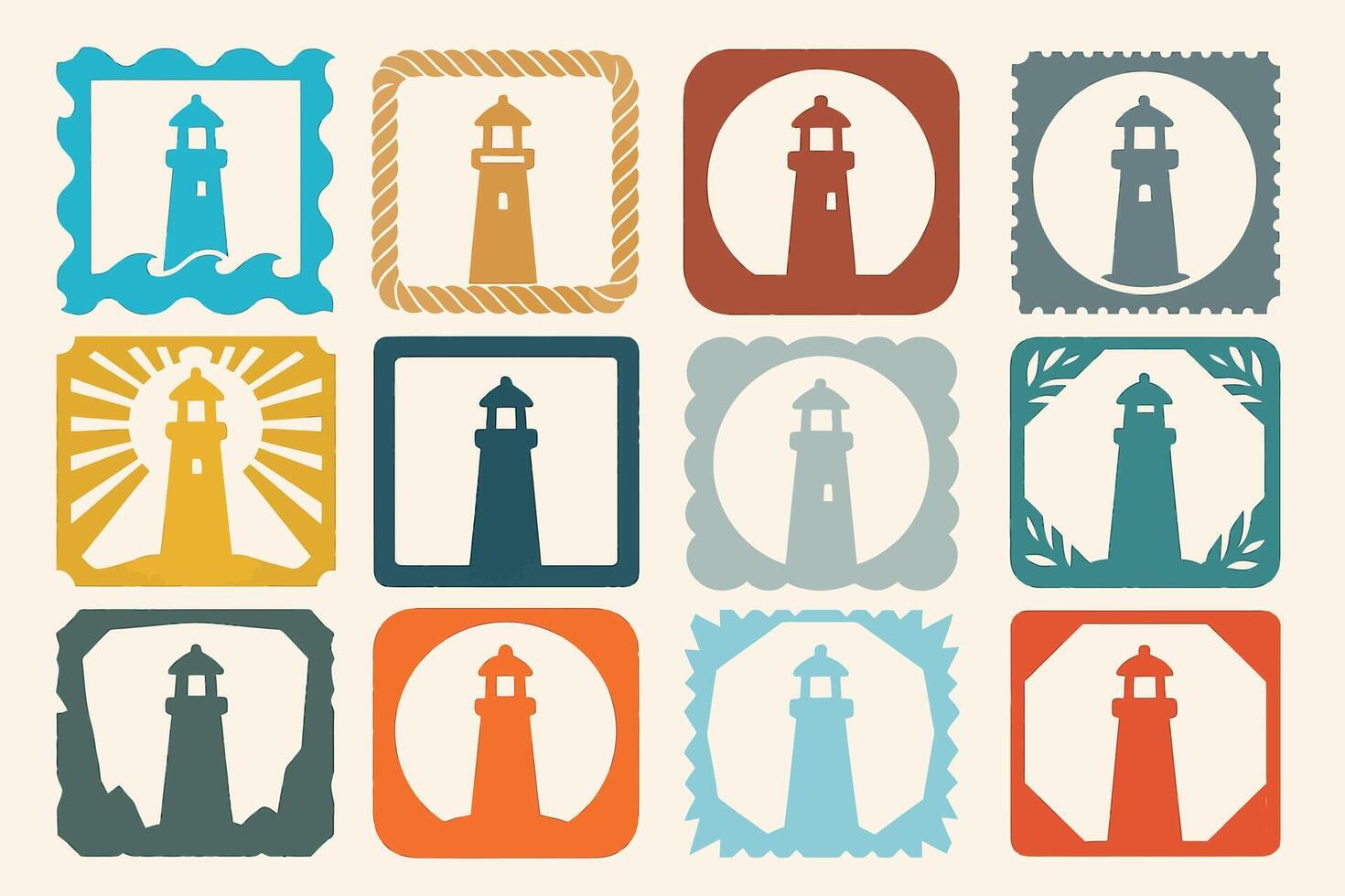 Lighthouse Icon Set with Various Borders and Designs artwork vector