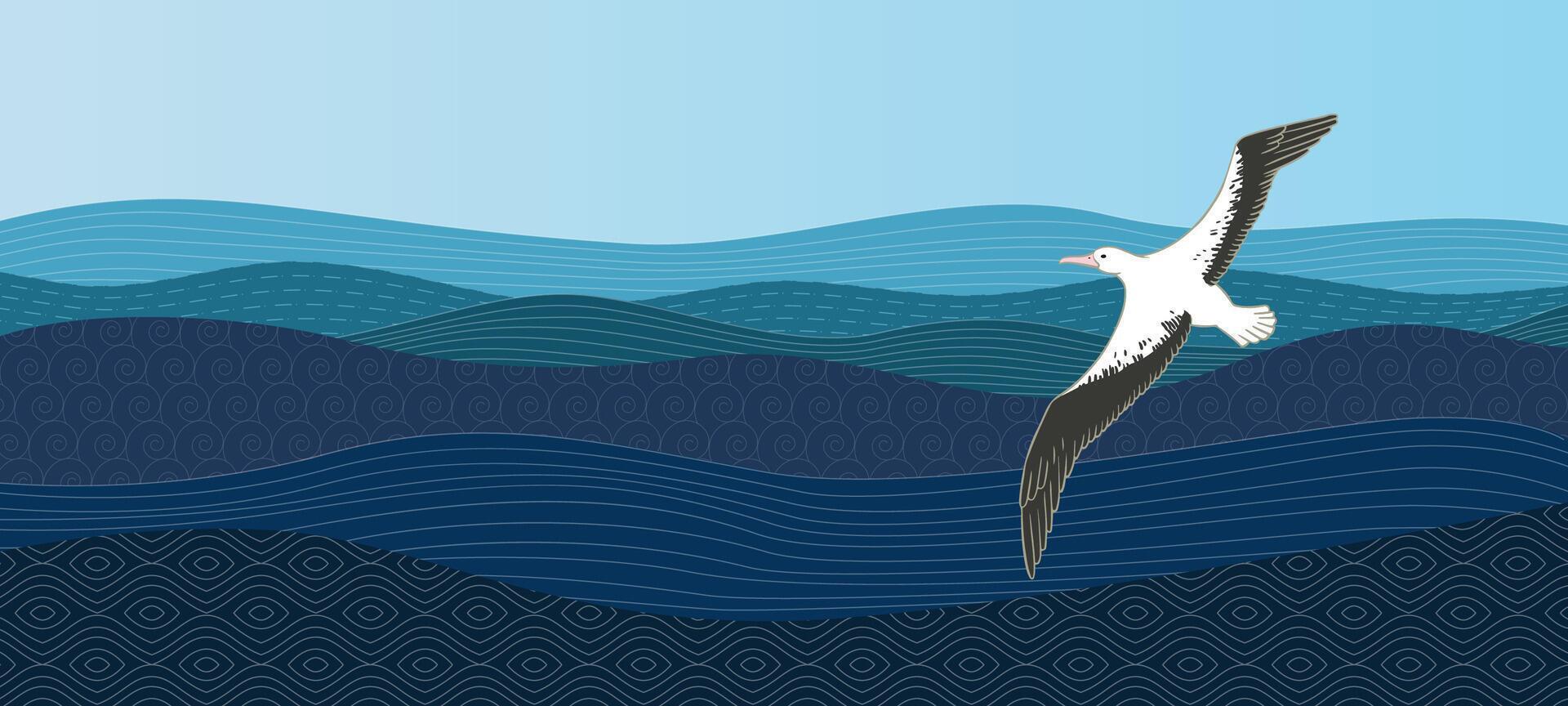 Albatross hovers over the ocean. The bird flies near the blue waves. Abstract background template with pattern in oriental style vector