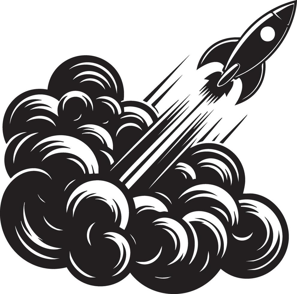 Dynamic spaceship launching into orbit graphic icon featuring a powerful rocket ascending against a starry cosmic background vector