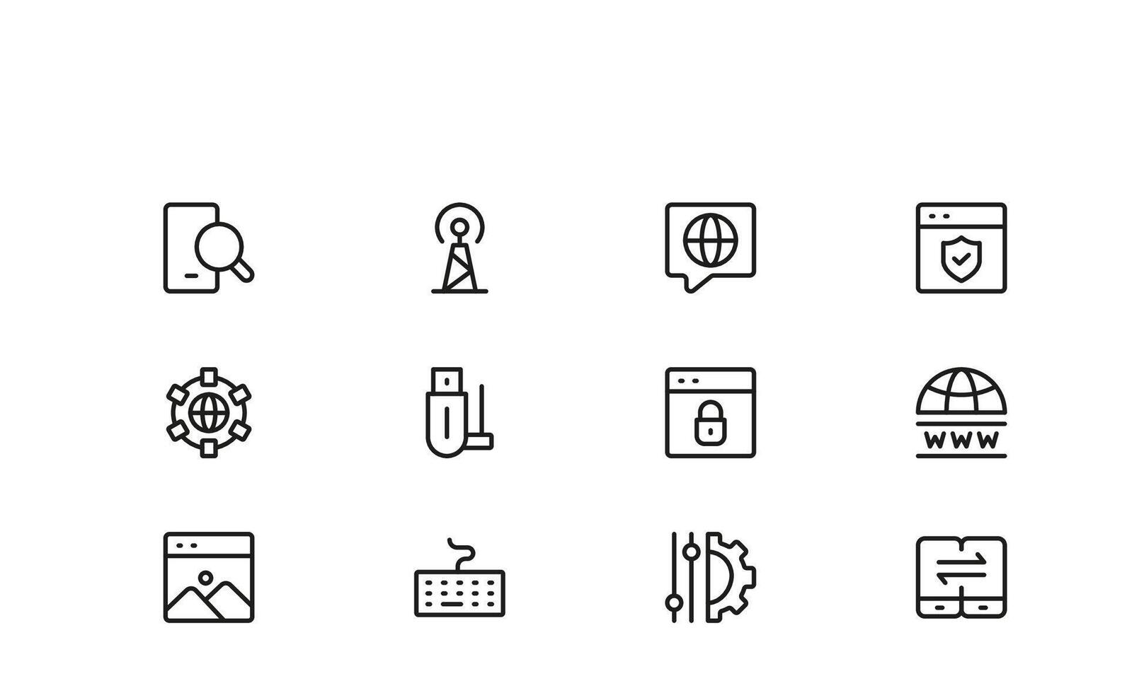 Modern Internet and Computer Icon Set Minimal Linear Illustrations of Technology, Cloud, Devices, Web, Data, and Networking Tools for Creative Design Projects vector