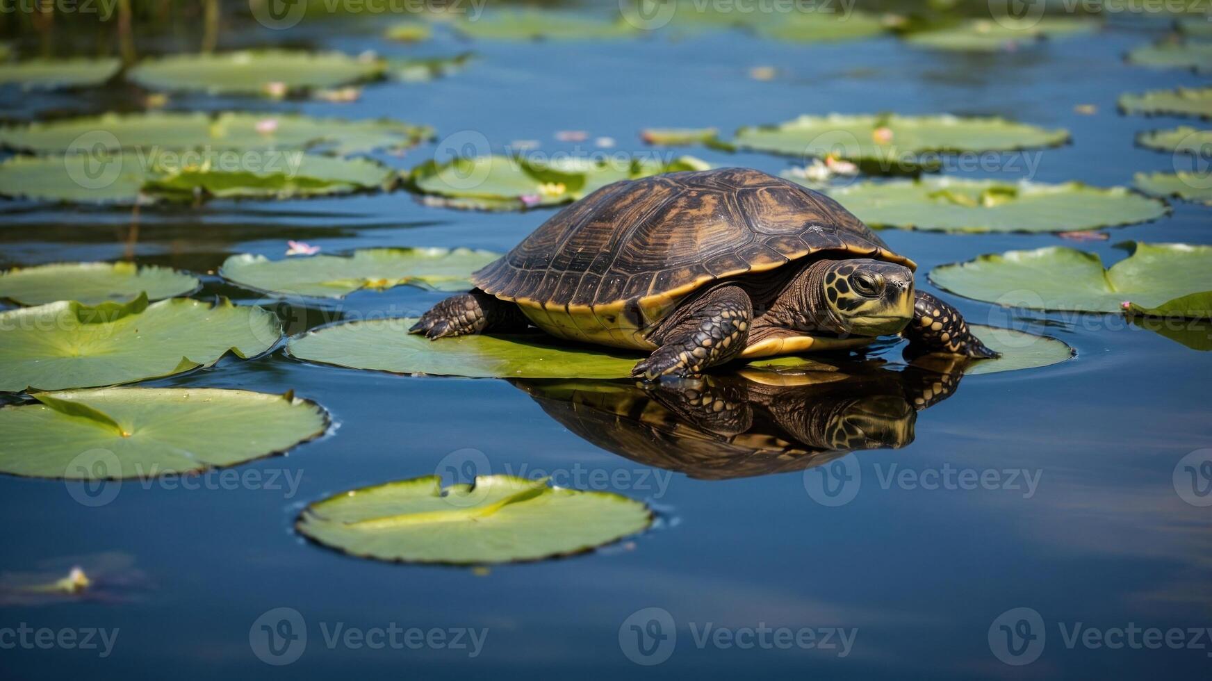 Turtle resting on lily pads in a serene pond, with reflections and greenery in the background photo