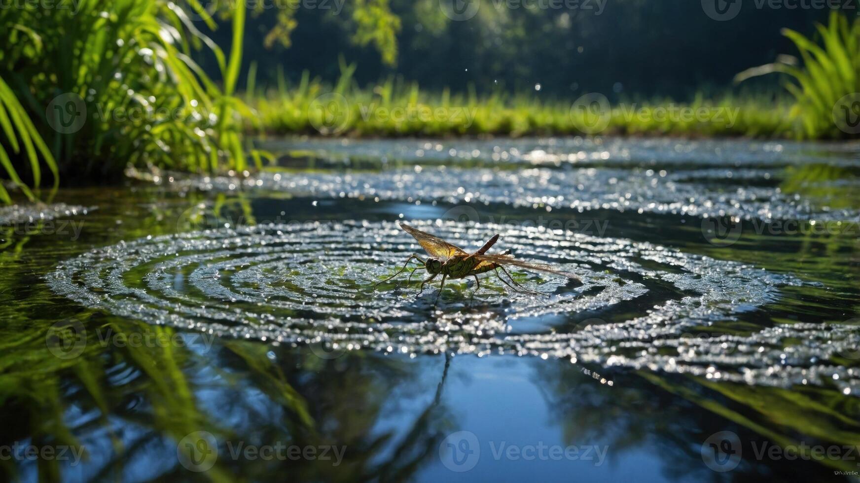 Dragonfly hovering above water surface creating ripples in a serene natural setting with lush greenery photo