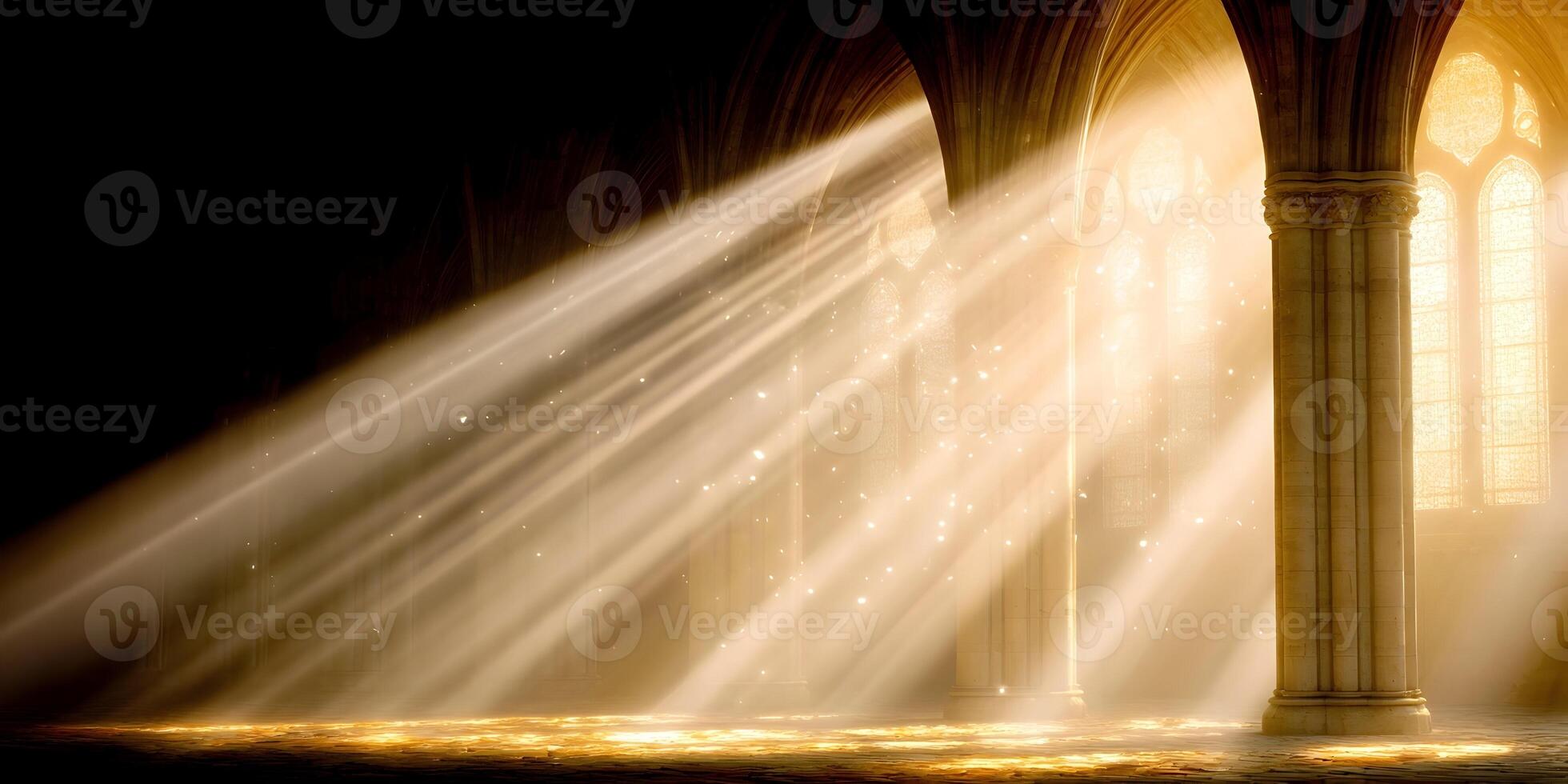 Sunbeams stream through a cathedral window illuminating stone columns and dust motes photo
