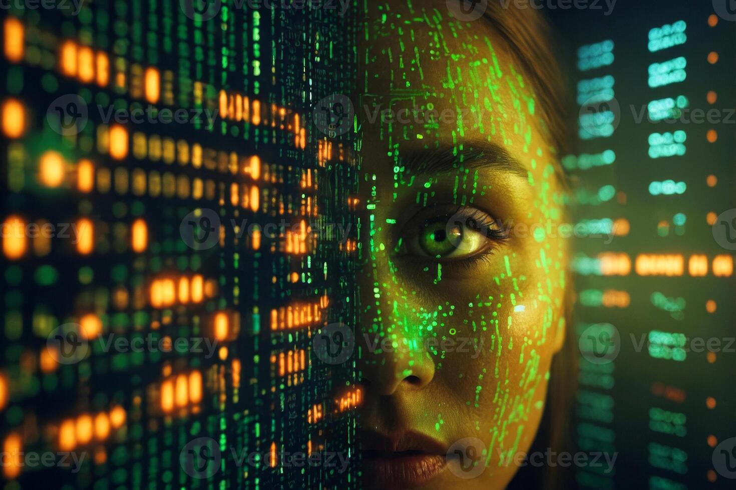 A woman's face with digital blue interface with pixelated data stream, binary code, and encryption concept with glowing dots photo