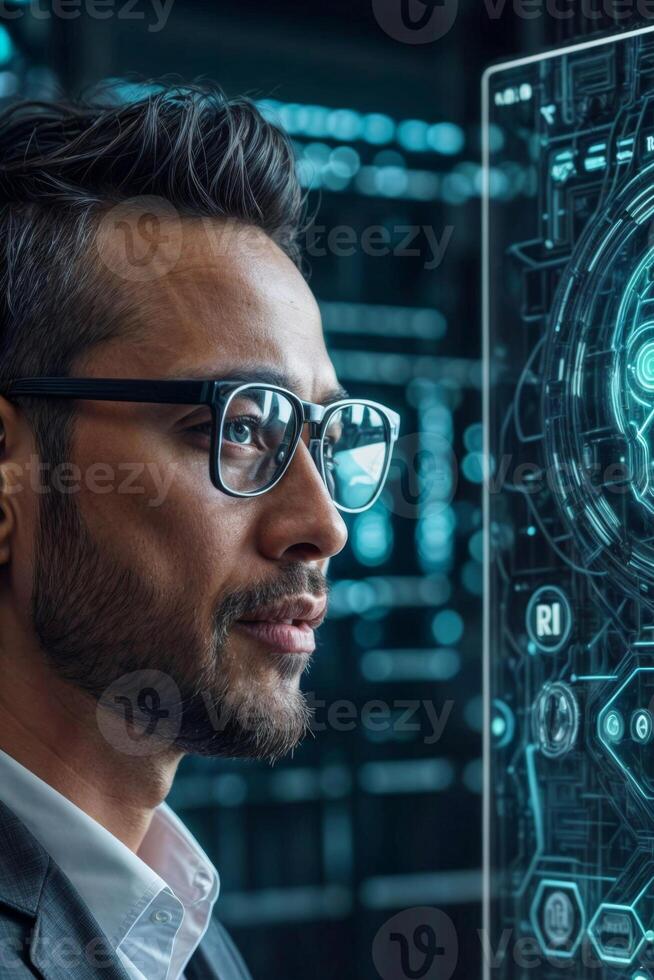 An intelligent and pensive looking man wearing glasses is gazing at a cutting-edge interface that displays a brain scan. The interface is a window into the future of human-computer interaction. photo