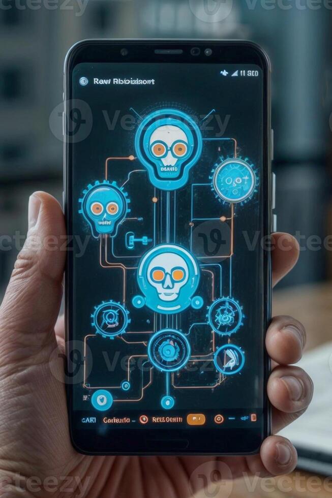 Hands holding a smartphone with an advanced AI chatbot interface, showcasing cutting-edge technology. A unique image of a glowing blue skull pattern on a dark background, resembling a circuit board photo