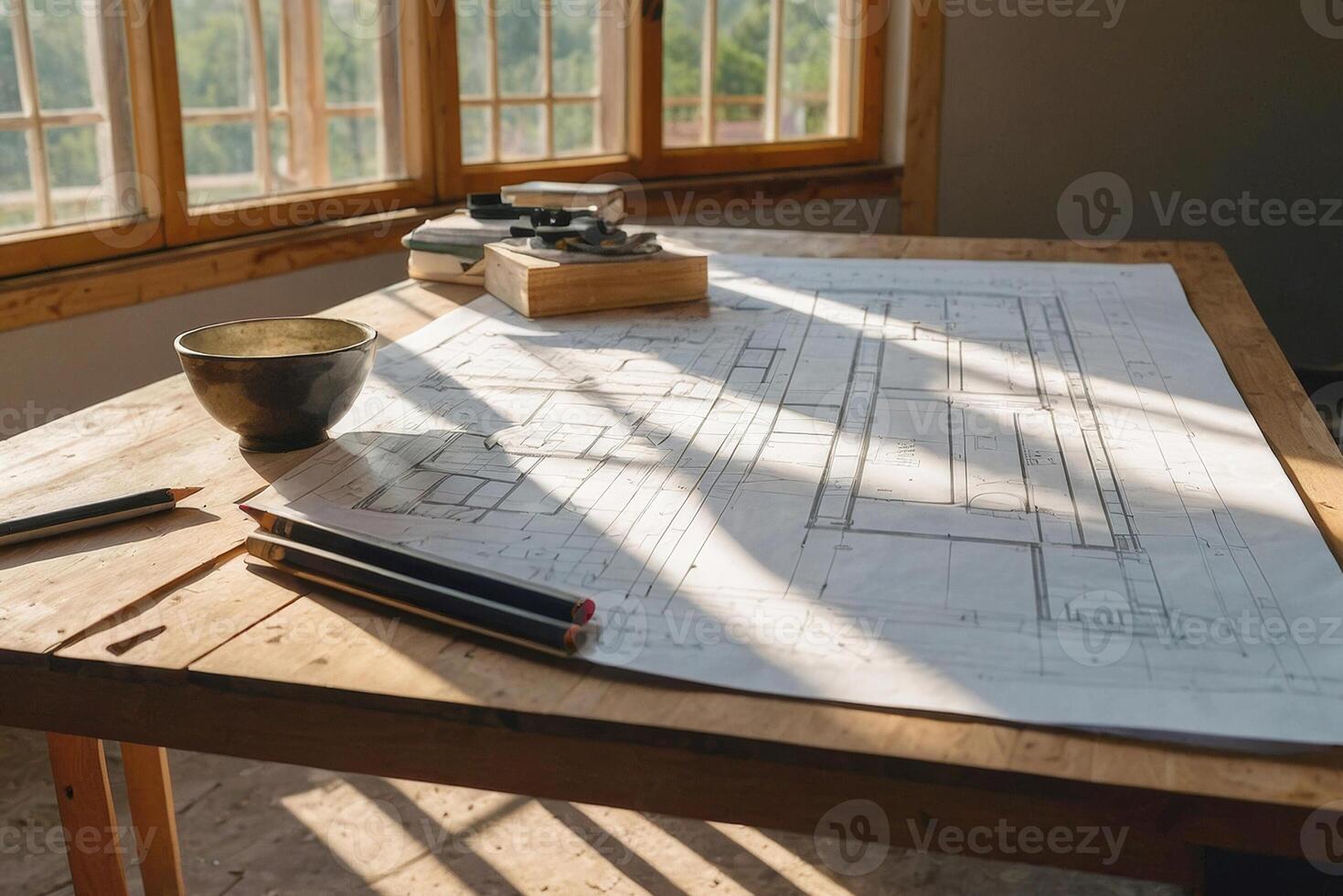 Architectural drawing and design drawing for a technical project in architecture on a table in a house under construction with large windows. photo