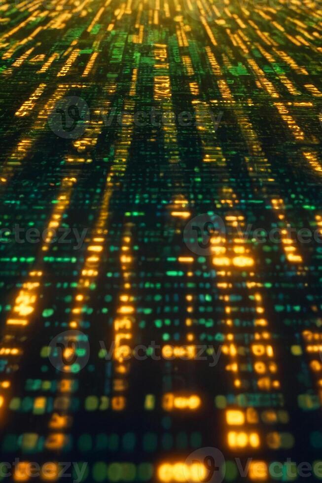Digital green interface with pixelated data stream, binary code, and encryption concept with glowing dots photo
