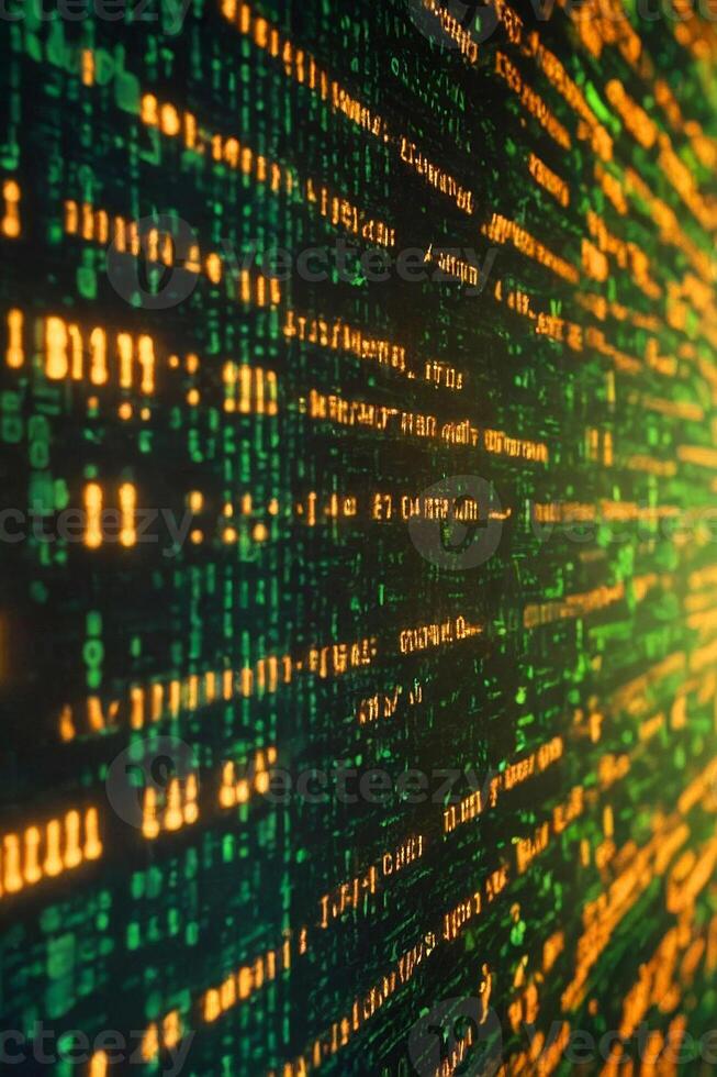Digital interface with pixelated data stream, binary code, and encryption concept with glowing dots photo
