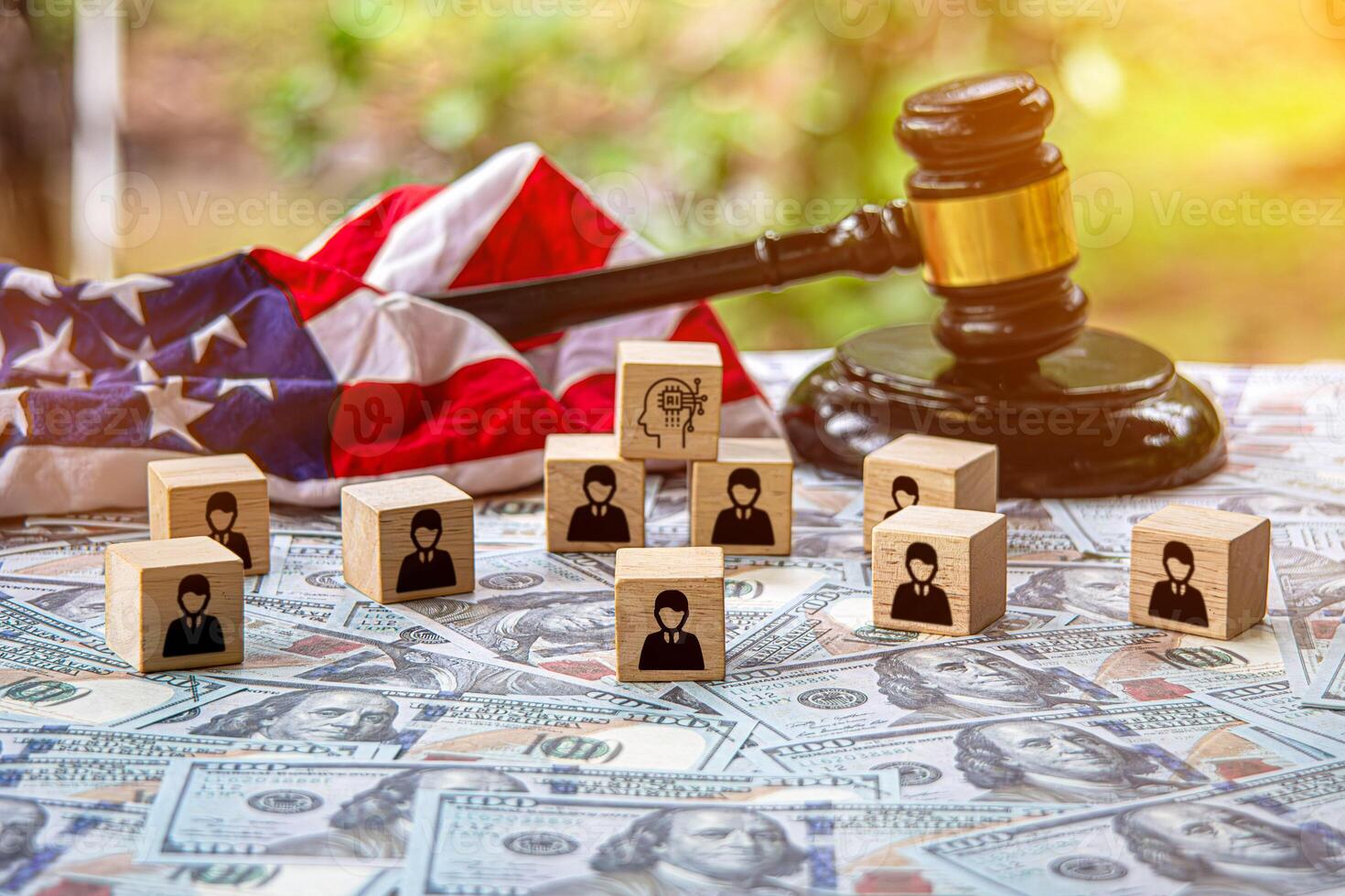 Businessman picked up a wooden block with an Ai icon, surrounded by wooden blocks with a human icon. AI vs human competition.the impact of artificial intelligence and robotics on Unemployment. photo