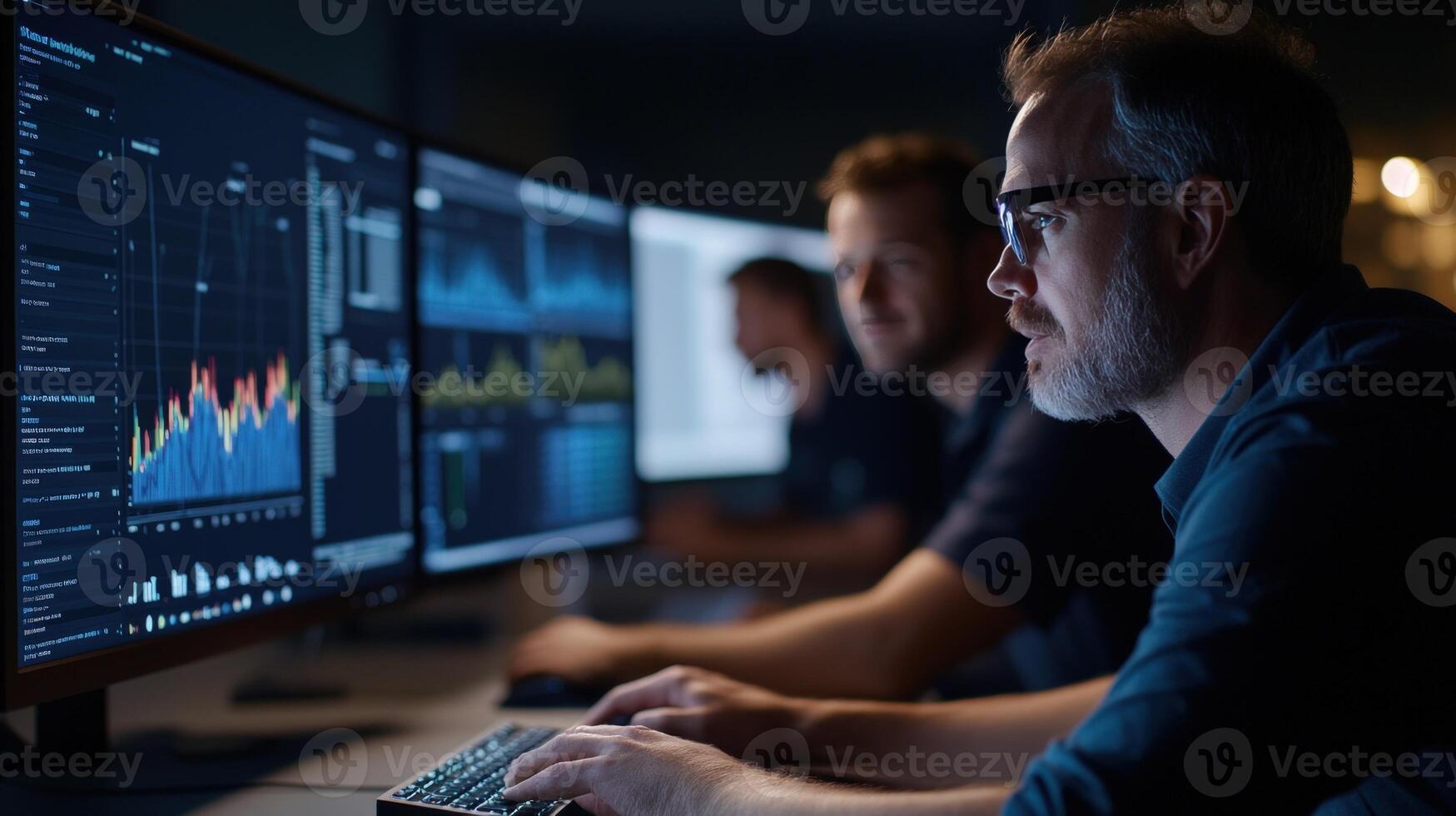 Teamwork in Data Analysis Professionals Collaborating on Financial Charts and Graphs in a Modern Office Setting photo
