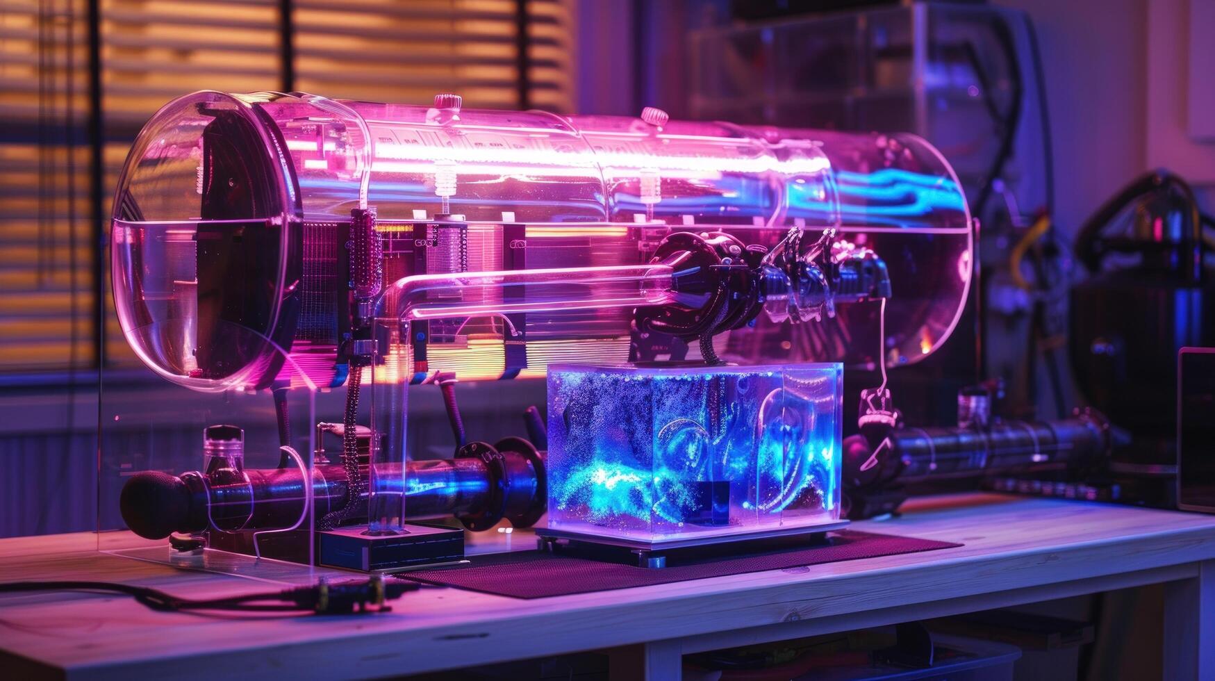 Intricate transparent liquid cooling system for desktop computer with glowing elements photo