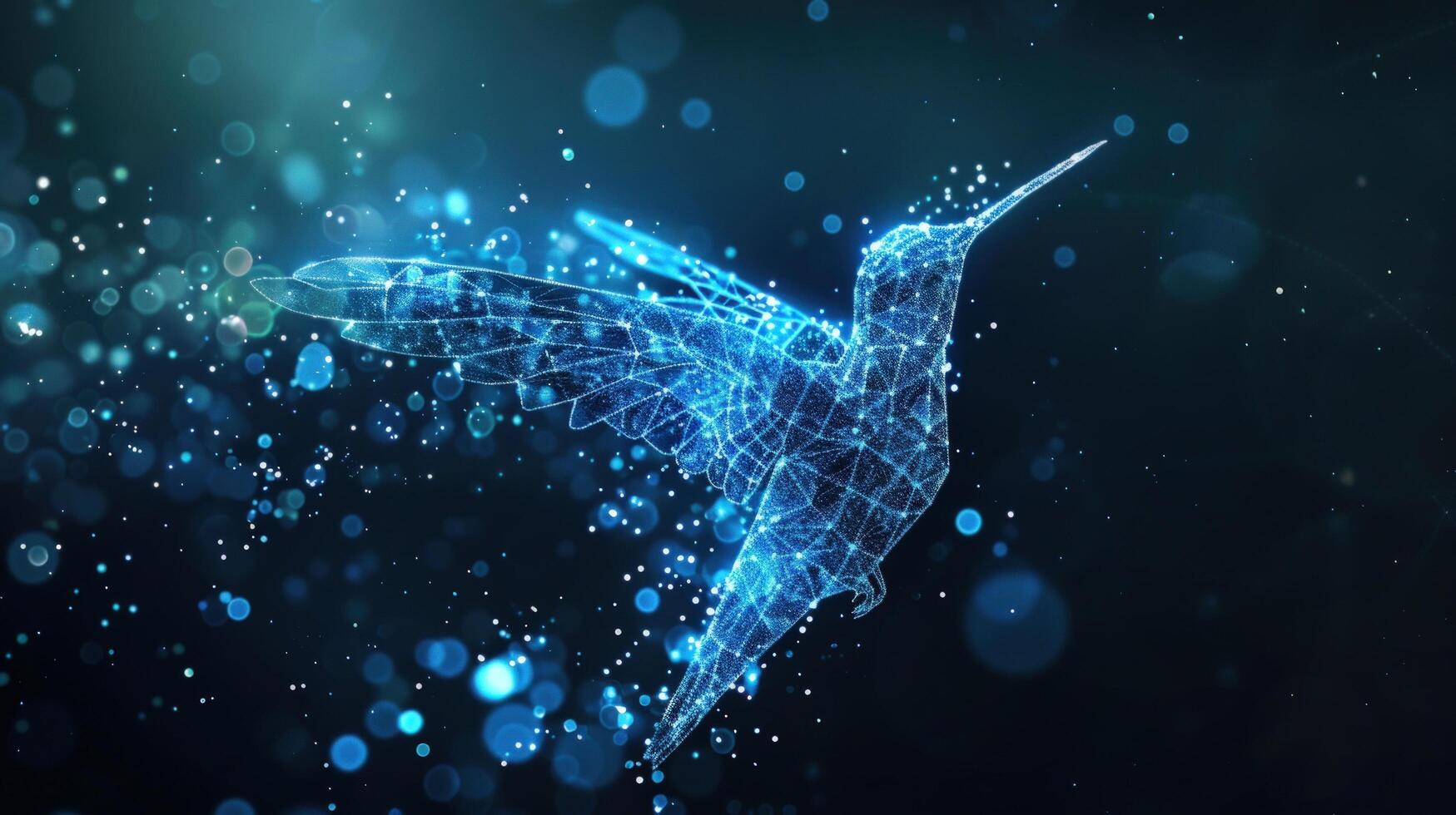 Geometric hummingbird wireframe design with bokeh particle background photo