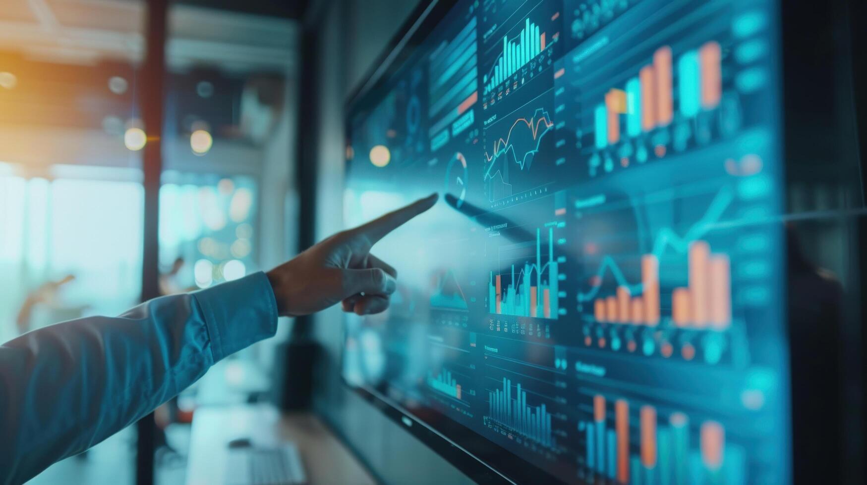 Data analysis on digital screen with financial charts graphs and pointing finger office display technology photo
