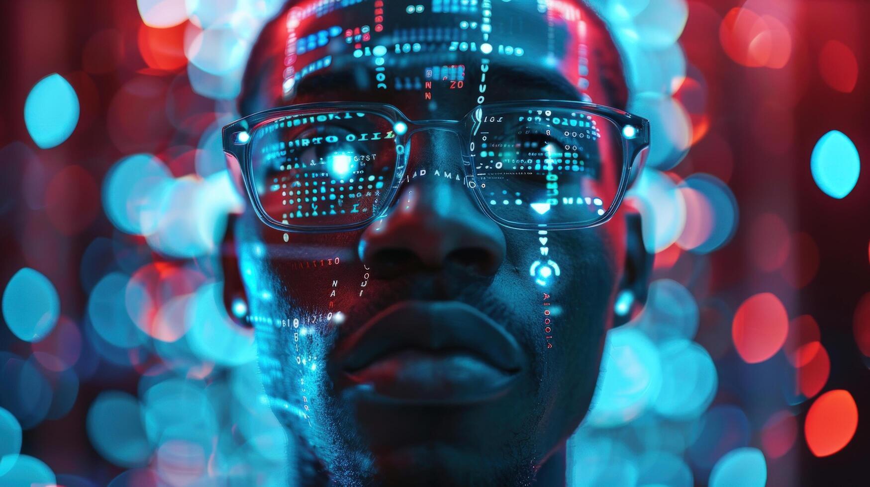 Person face with digital computer data overlay and artificial intelligence theme photo