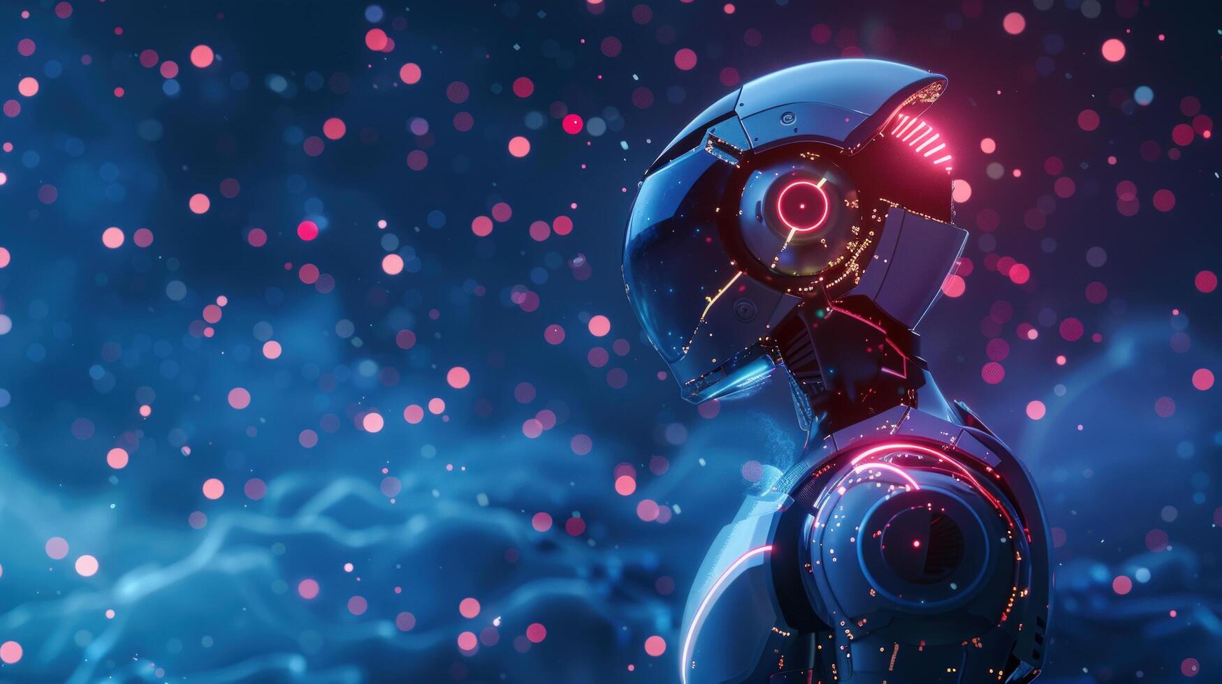 Futuristic robot in a digital bokeh environment artificial intelligence concept photo