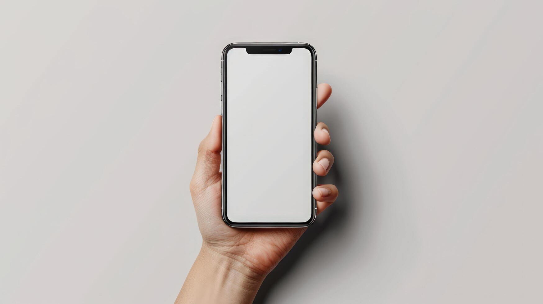 Mobile device held in hand with a blank screen for technology and application concepts photo