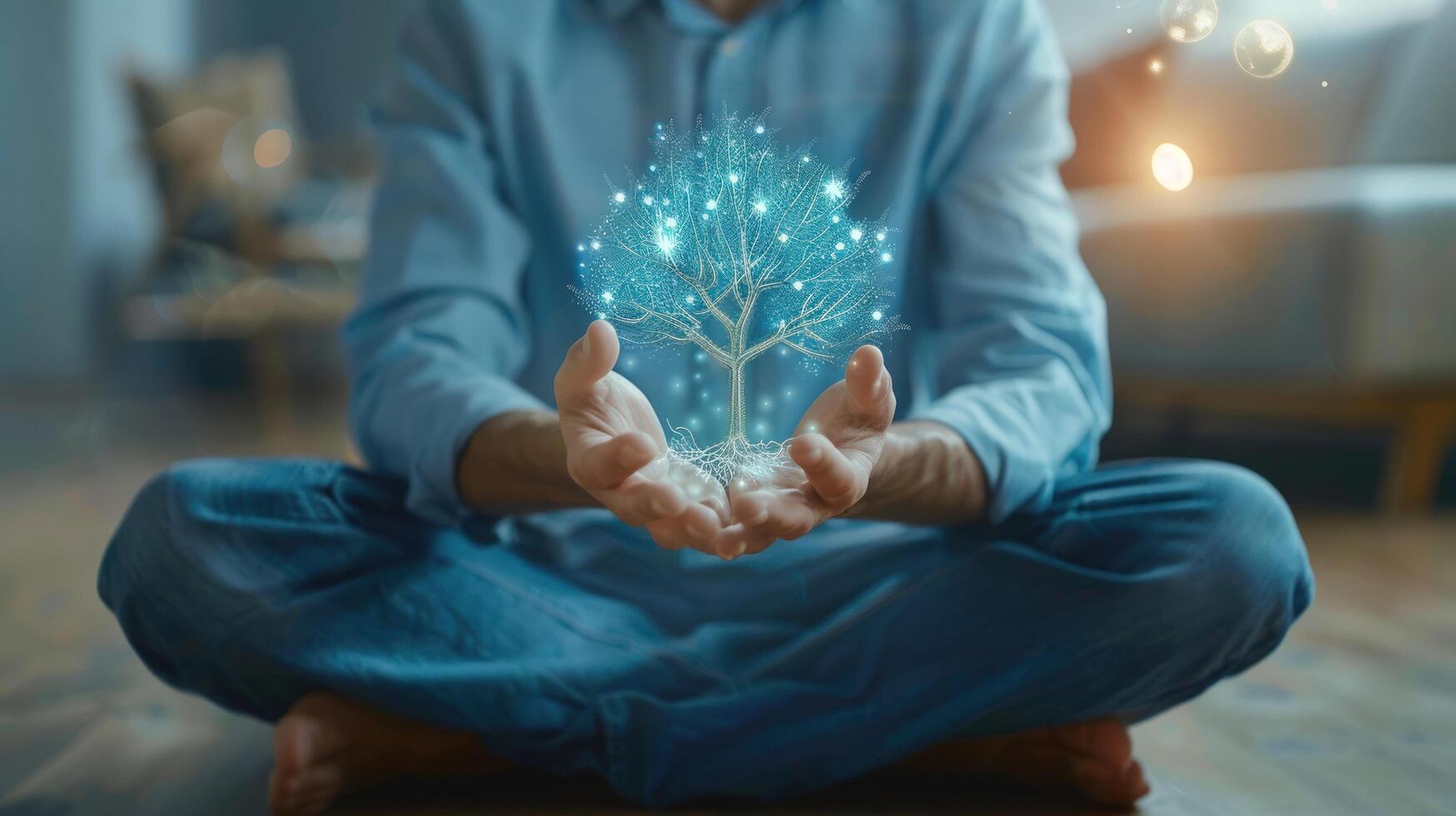 Digital tree held in hands representing technology and connection photo