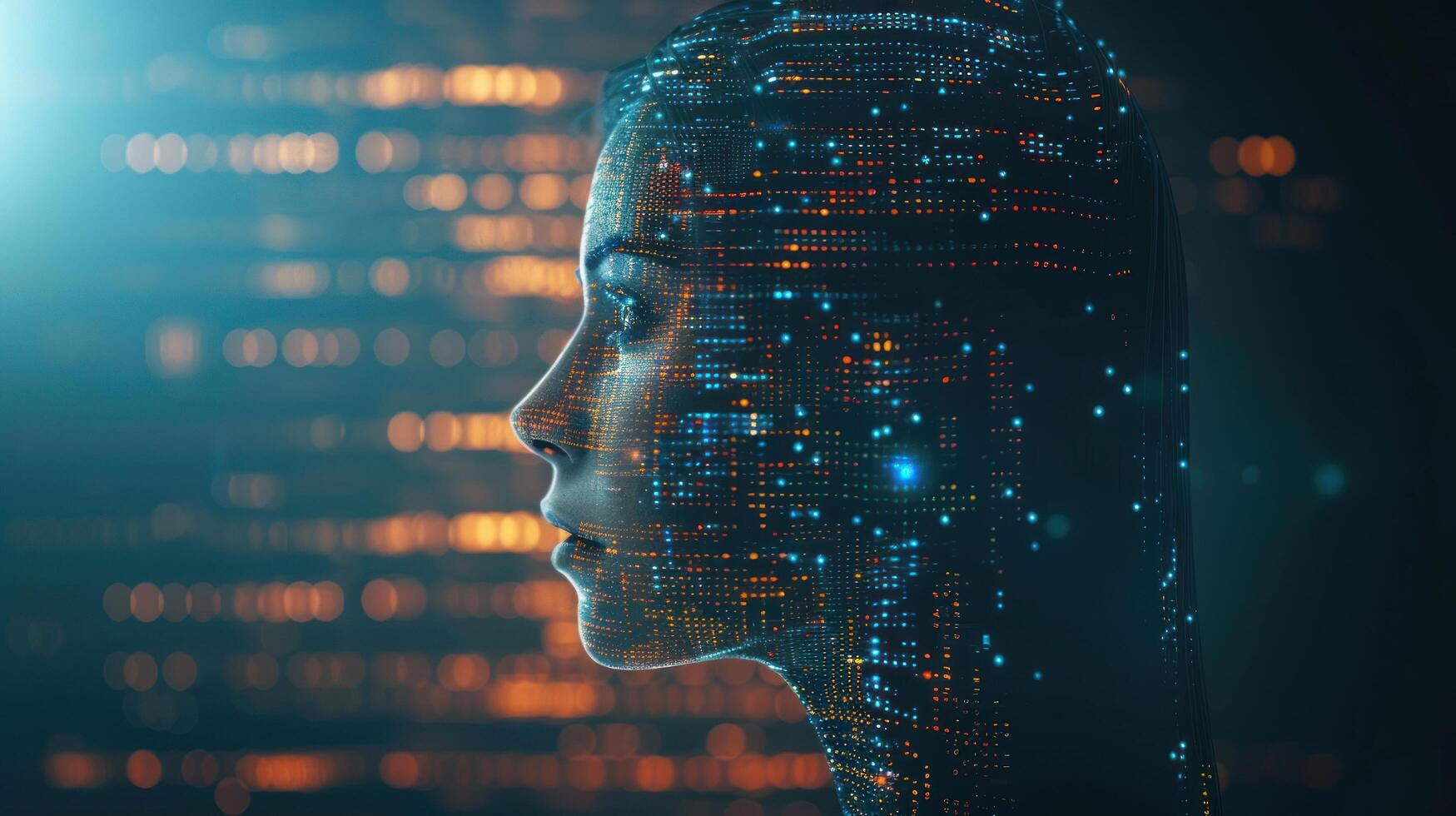 Digital human face with data stream abstract tech background photo