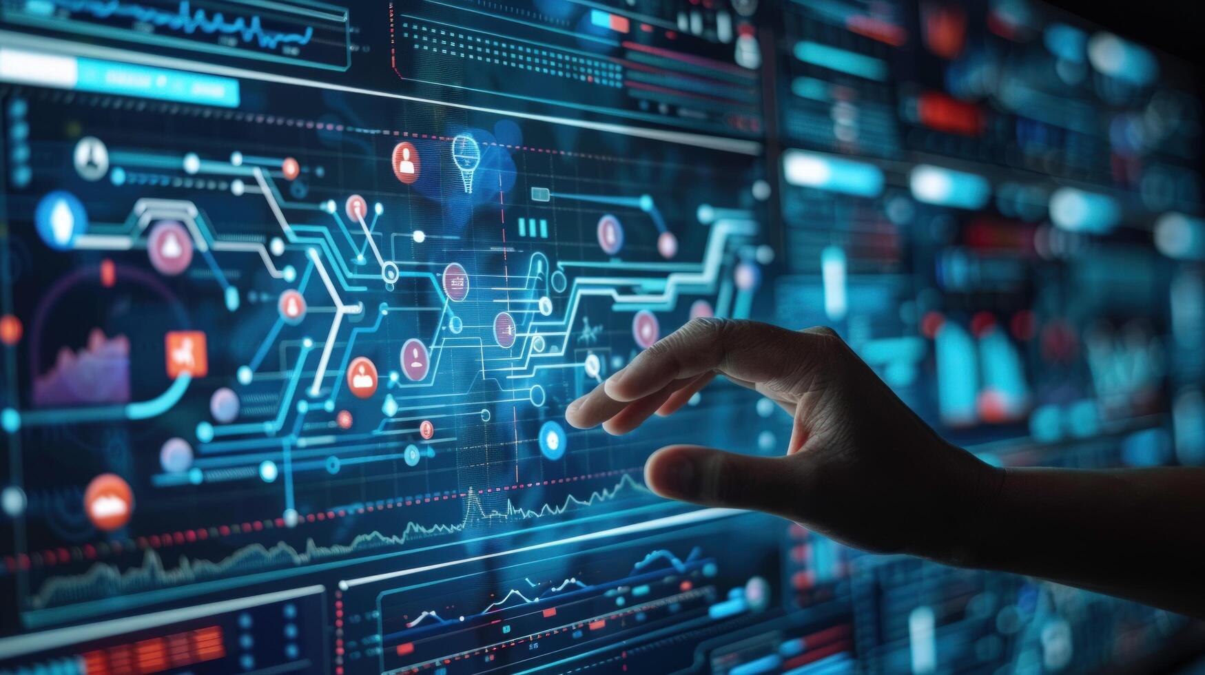 Data visualization on screen with hand interaction for technology and analysis photo
