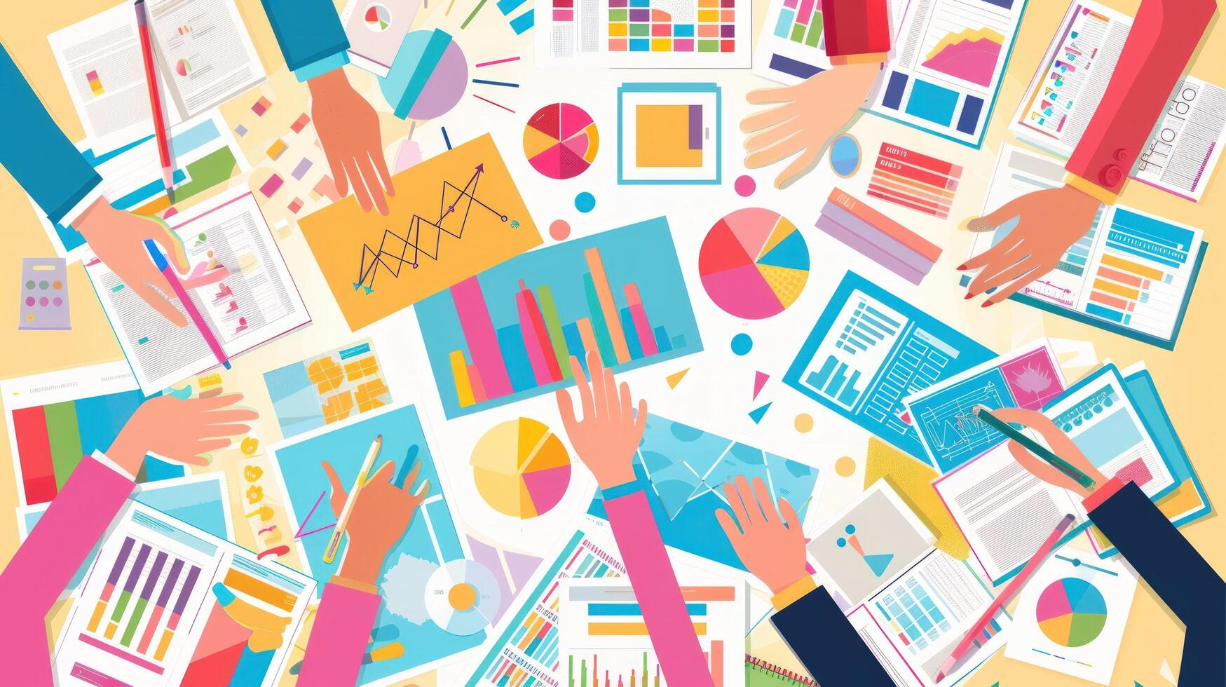 Collaborative data analysis teamwork charts and graphs overhead view photo