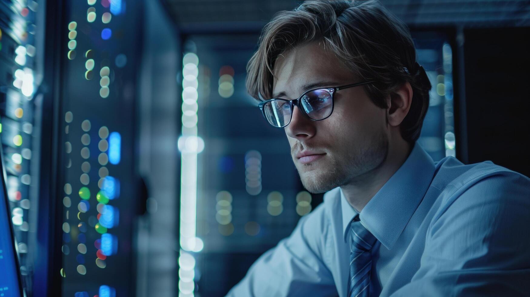 Man working in data center server room with technological infrastructure photo