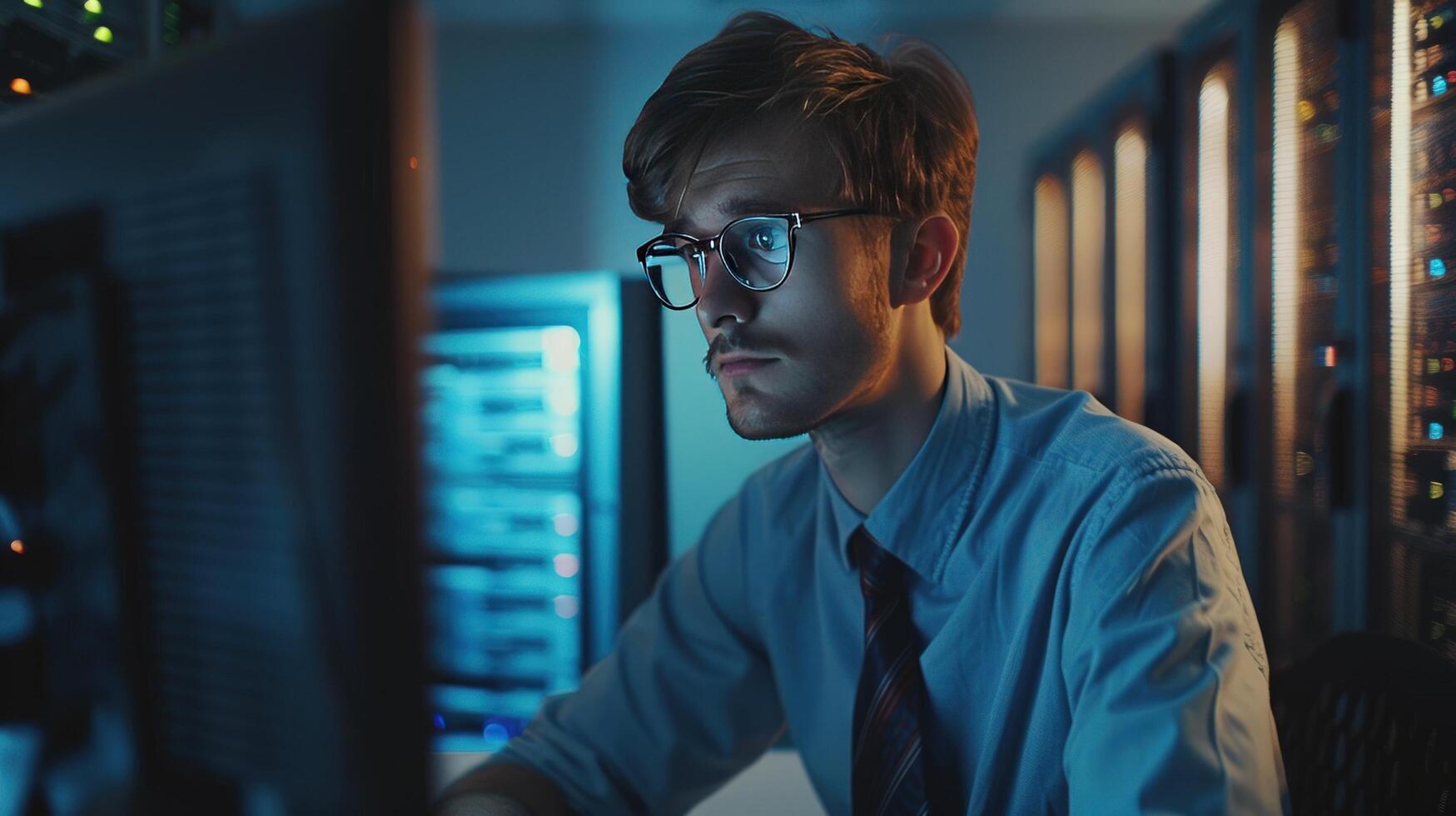 System administrator managing servers and data in data center photo