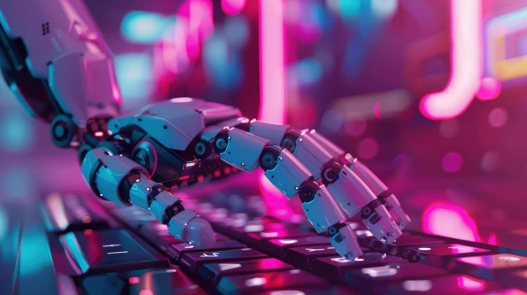 Robotic hand typing on illuminated keyboard artificial intelligence technology photo