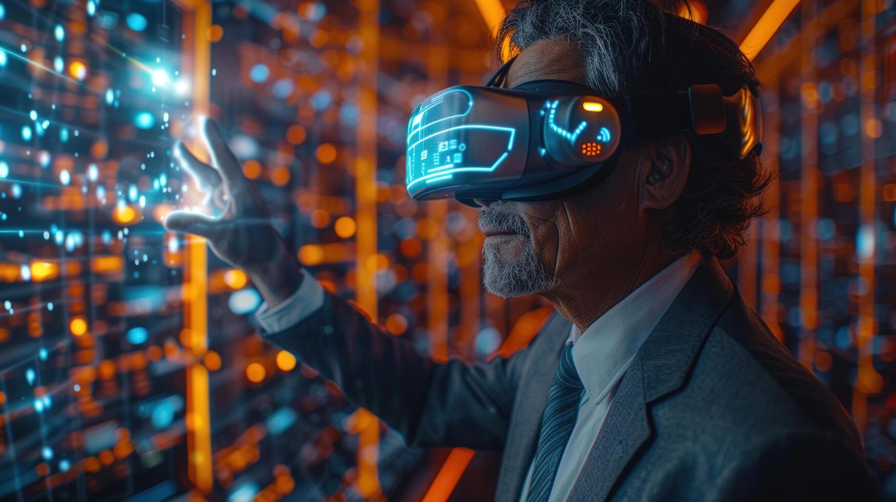 Man experiencing virtual reality and interacting with digital interface technology photo