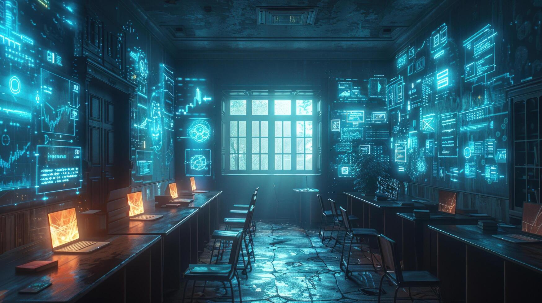 Technological data room with glowing interface screens and computer analysis photo