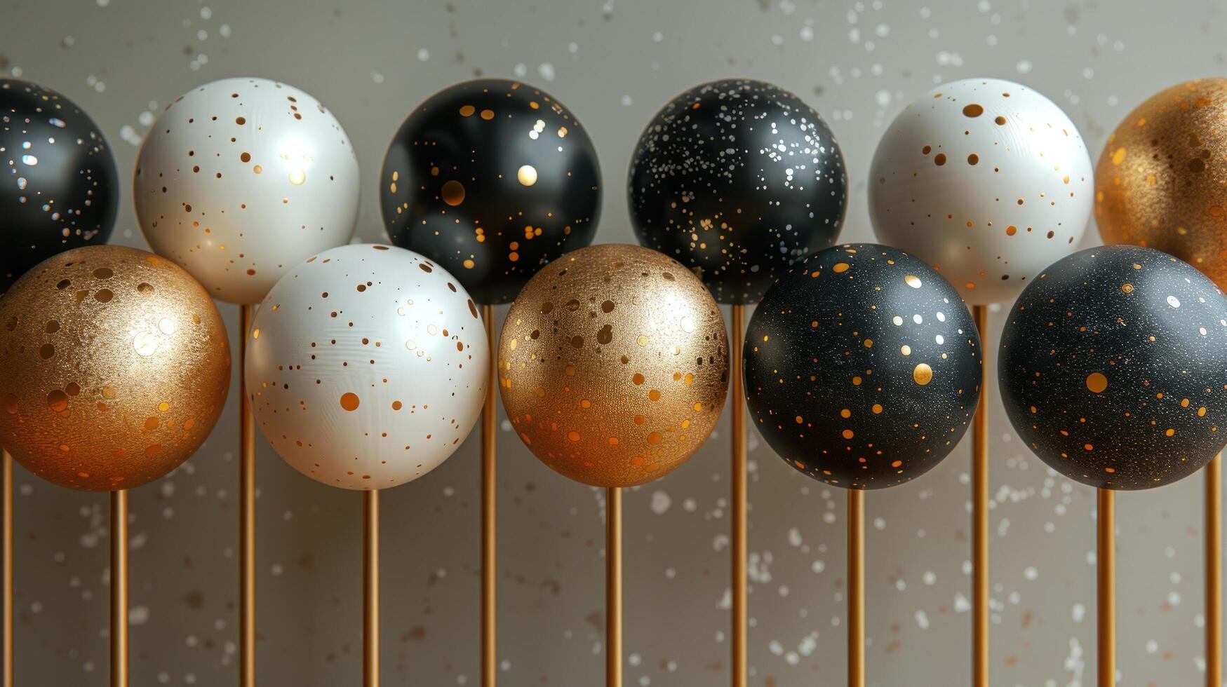 Spherical pattern ornament array with metallic accents on sticks photo