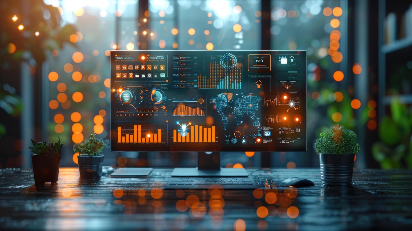 Data visualization on computer screen with charts and graphs photo