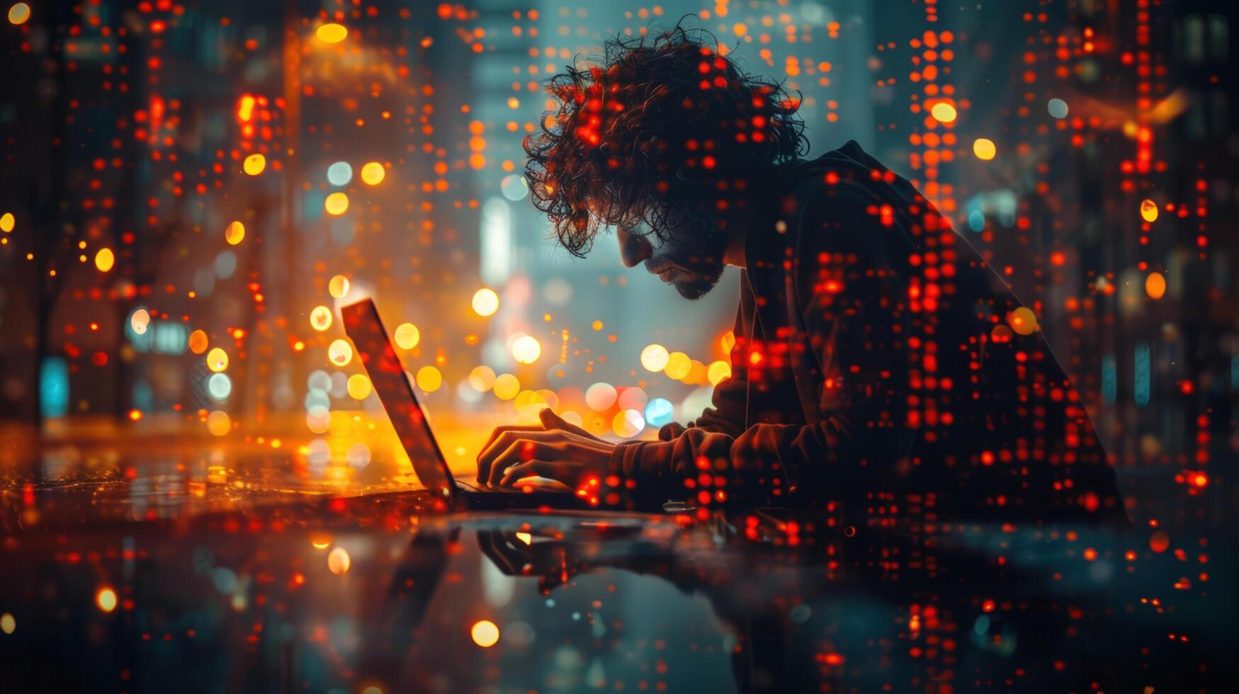 Abstract digital tech concept with person using laptop and bokeh background photo