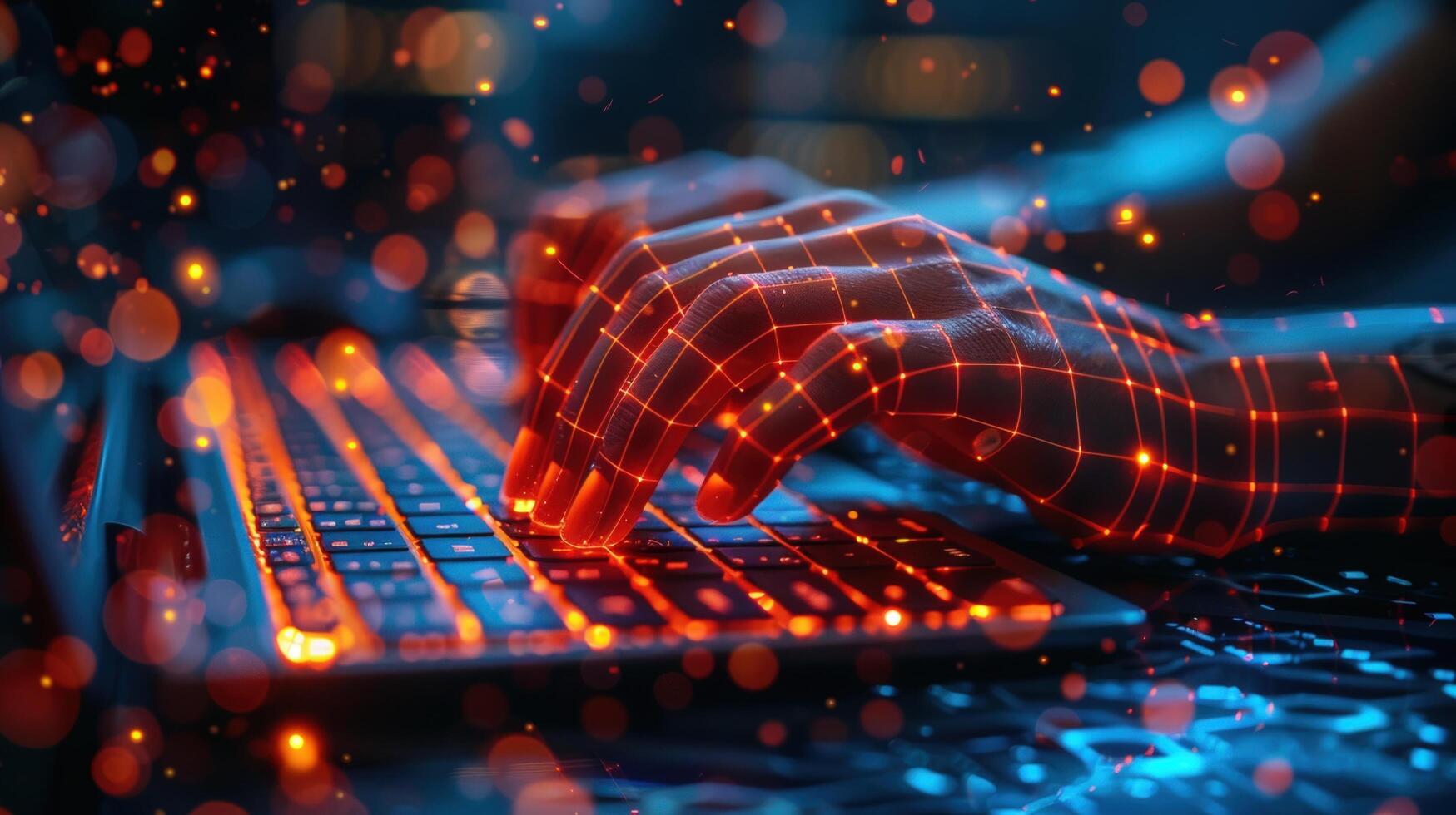 Hands type on laptop keyboard with abstract network overlay photo