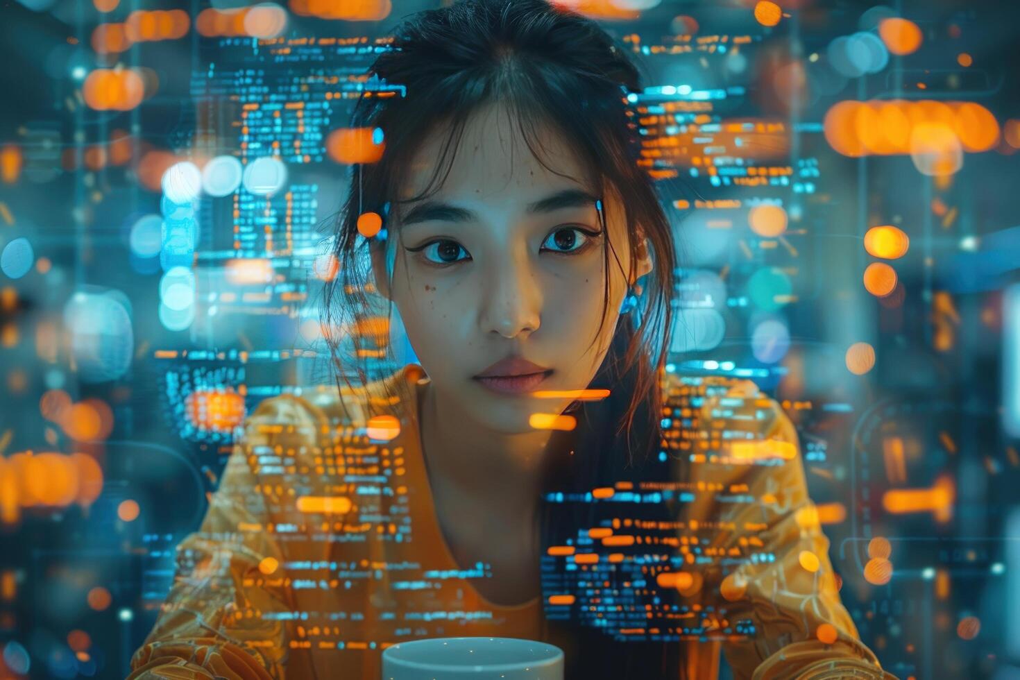 Young woman surrounded by digital code and abstract patterns representing technology and cybersecurity photo