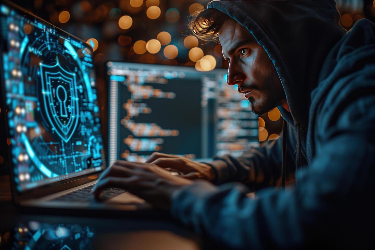 Focused programmer working on cybersecurity with glowing digital shield on laptop screen photo