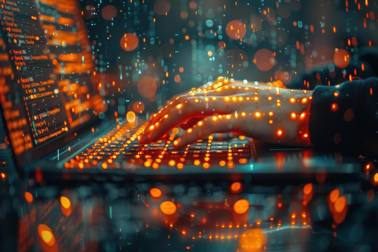 Coding and cybersecurity concept with typing on laptop keyboard photo