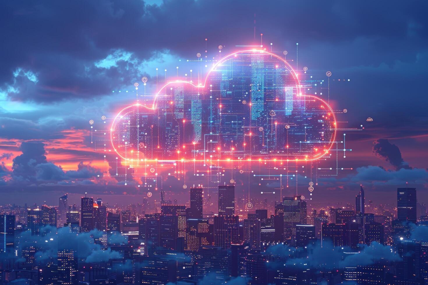 Digital cityscape at dusk cloud computing and networking technology photo