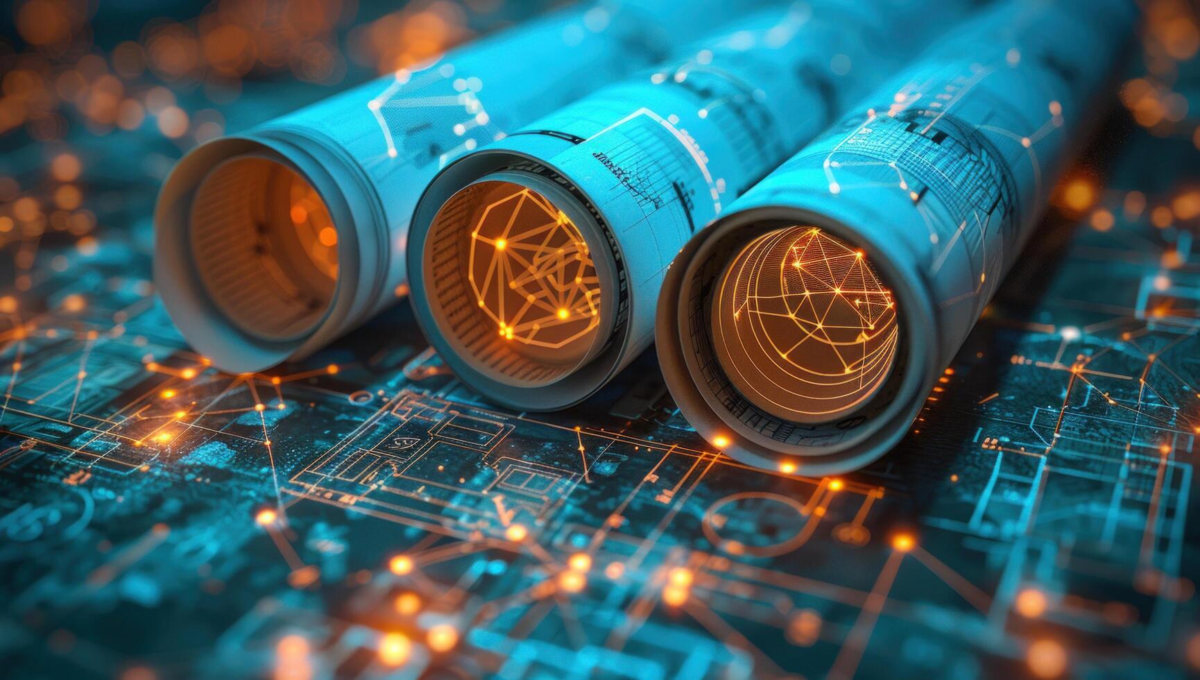 Technical blueprint and schematic diagrams rolled for engineering and design presentation photo