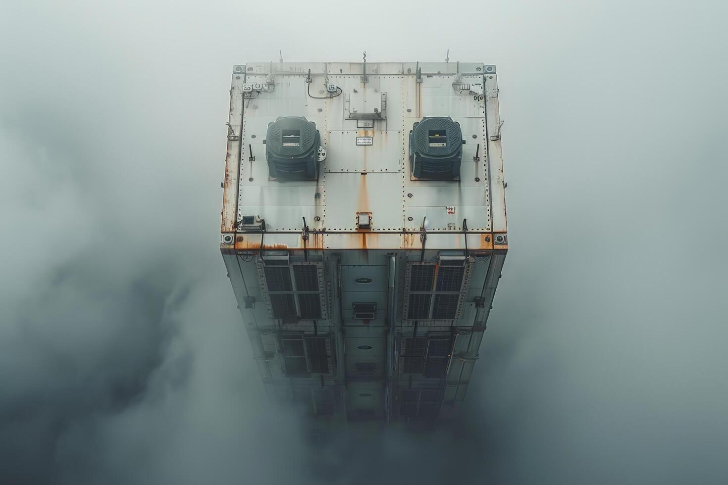 Architectural structure emerging from dense fog mysterious building in mist photo