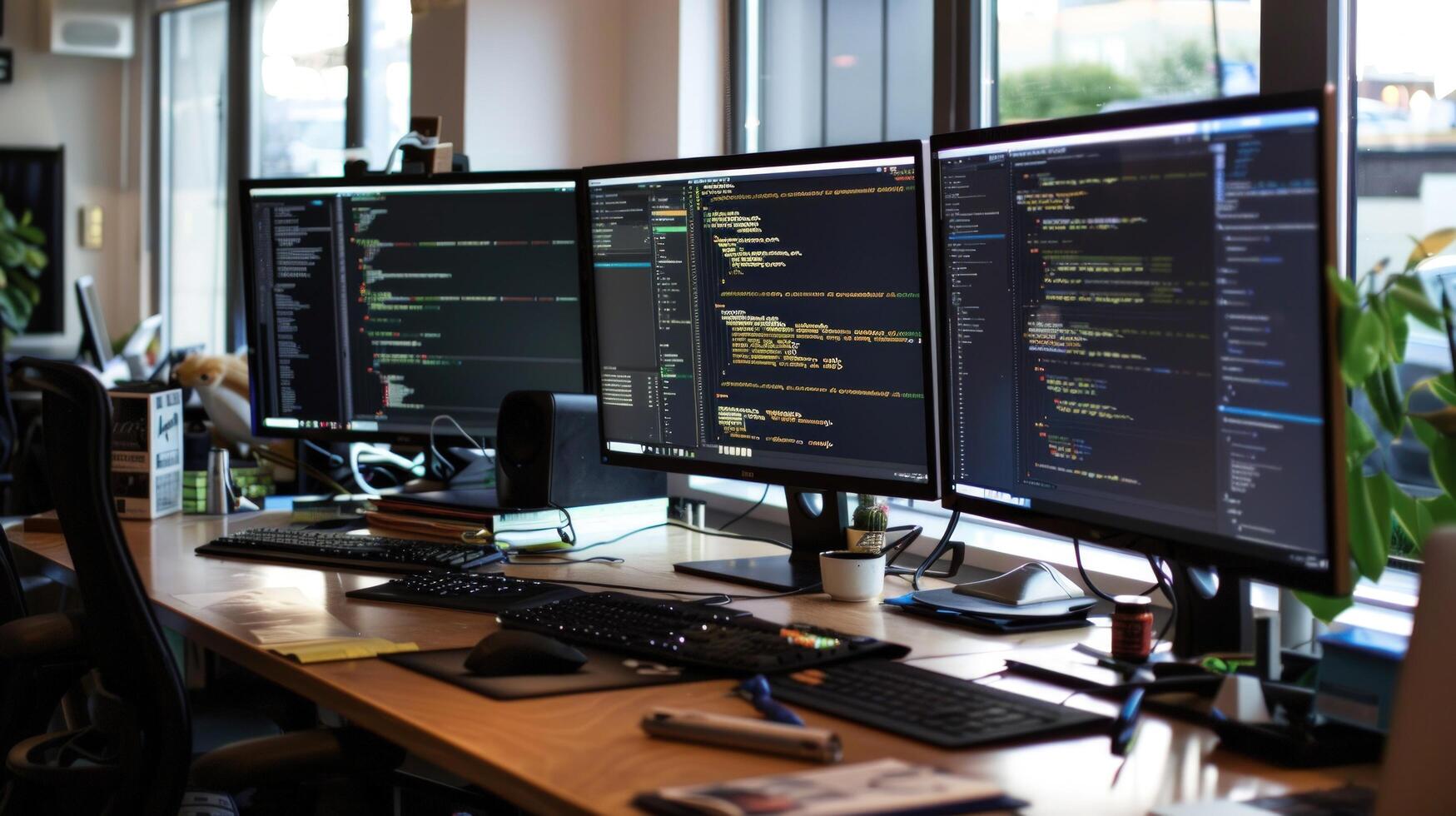 Workspace featuring computer monitors displaying software code photo