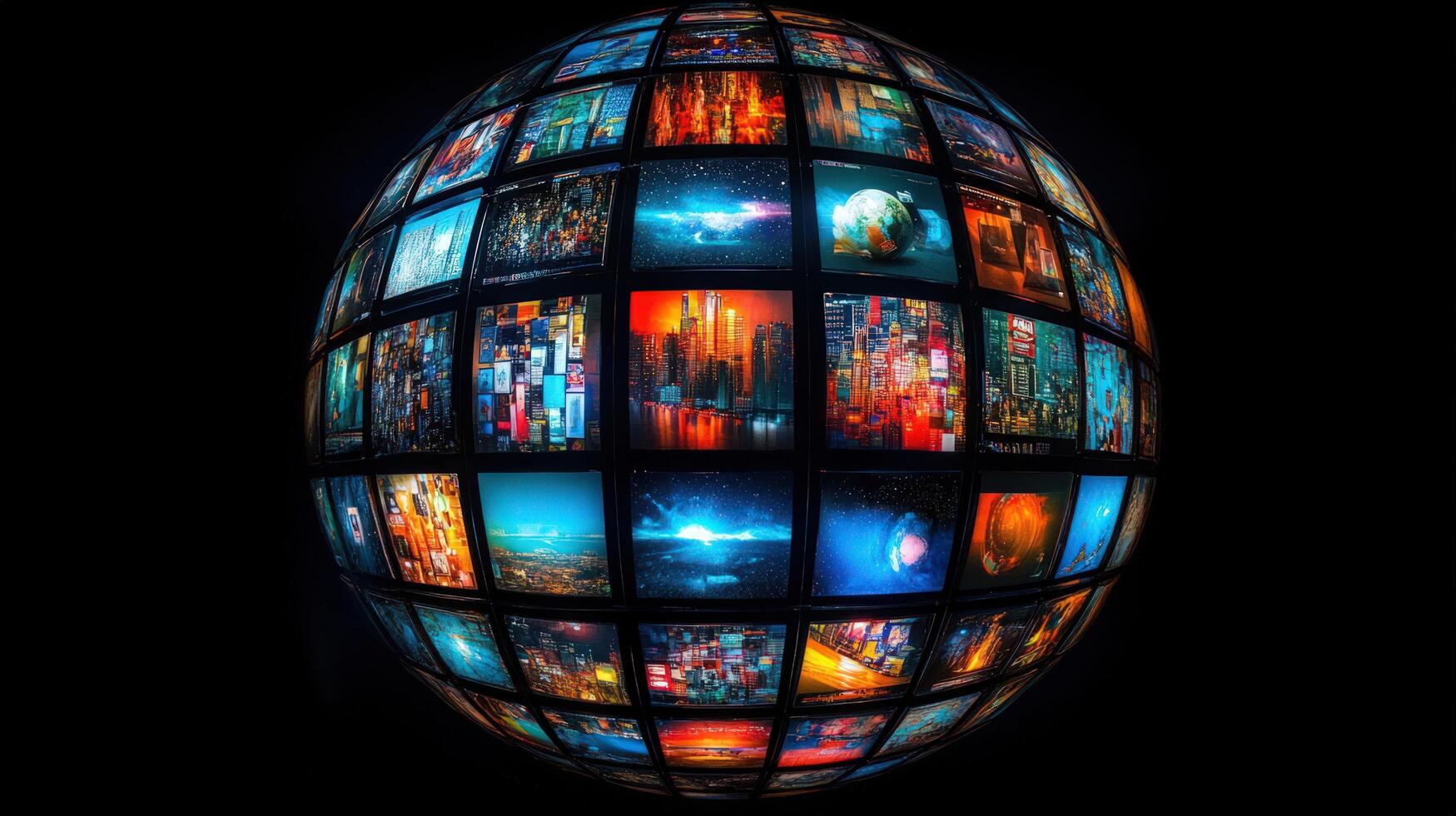 A sphere composed of multiple screens, each displaying a different image, against a black background. photo